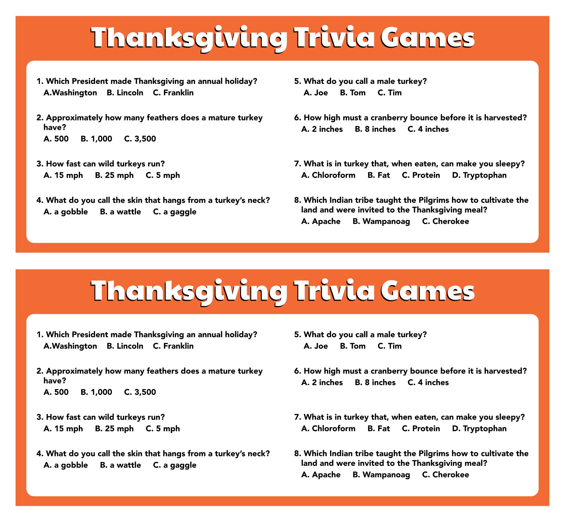 Printable Thanksgiving Trivia Games