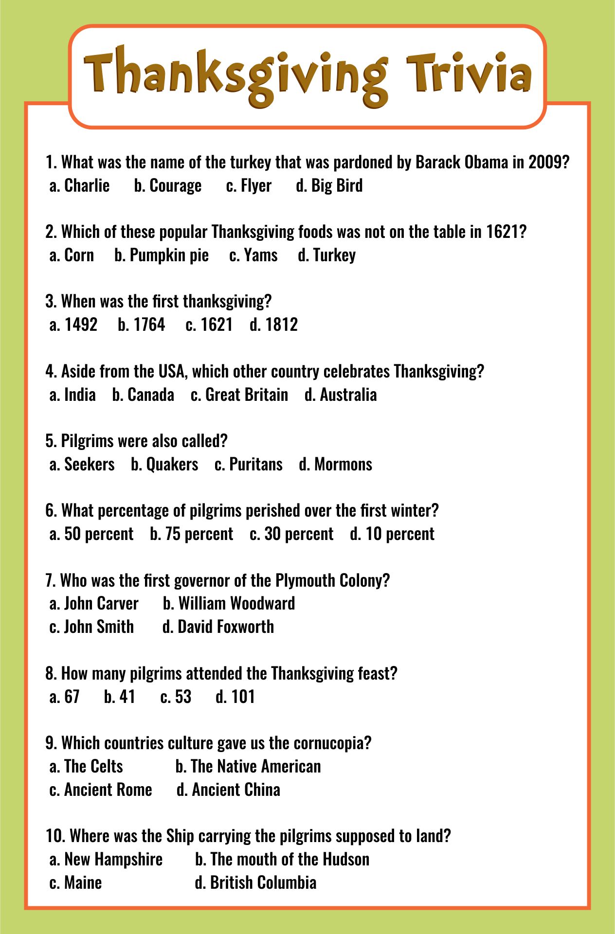 Printable Thanksgiving Trivia Multiple Choice