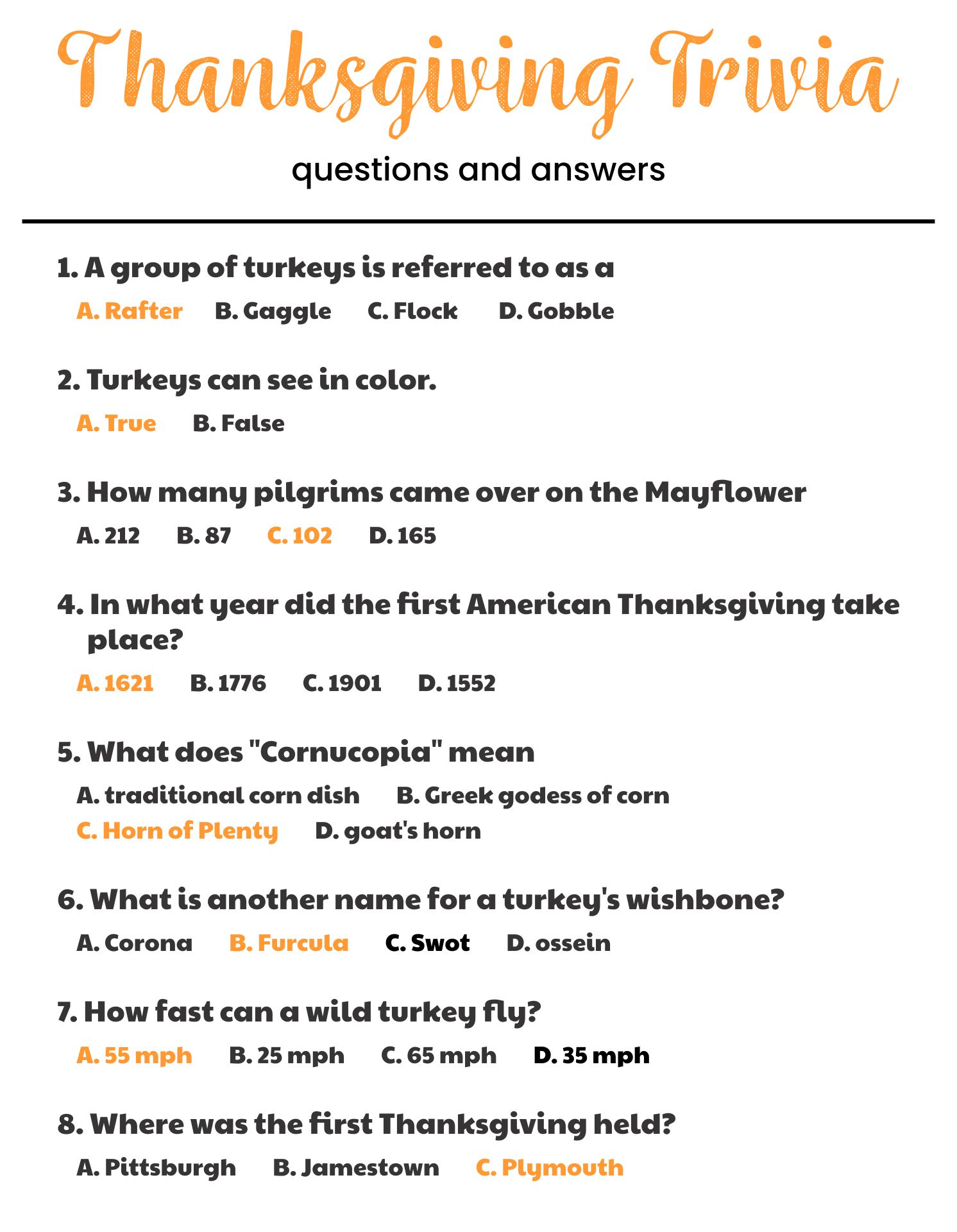 Printable Thanksgiving Trivia Questions And Answers