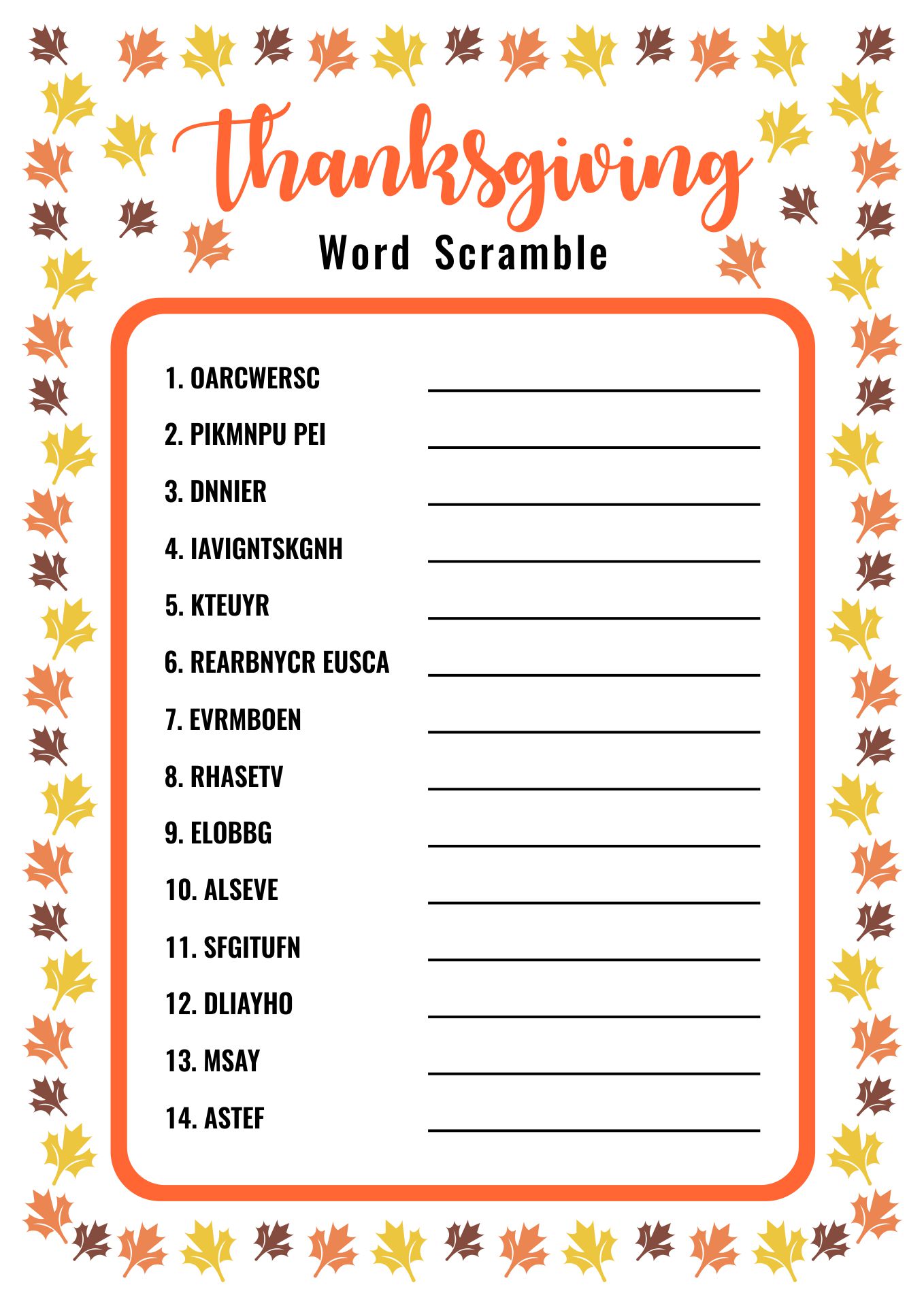 Printable Thanksgiving Word Scramble Party Game With Autumn Leaves