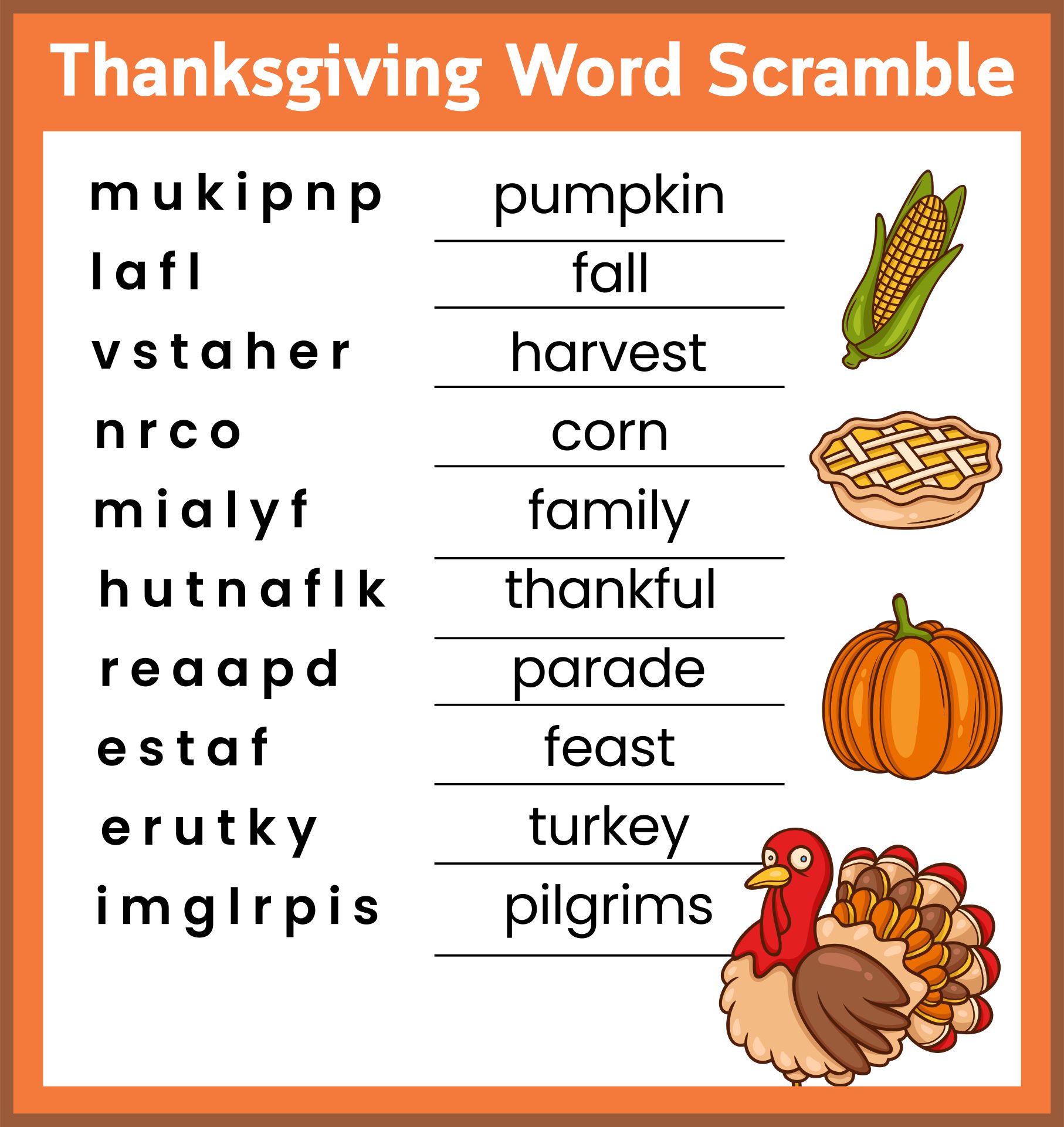 Printable Thanksgiving Word Scramble With Answers Clipart
