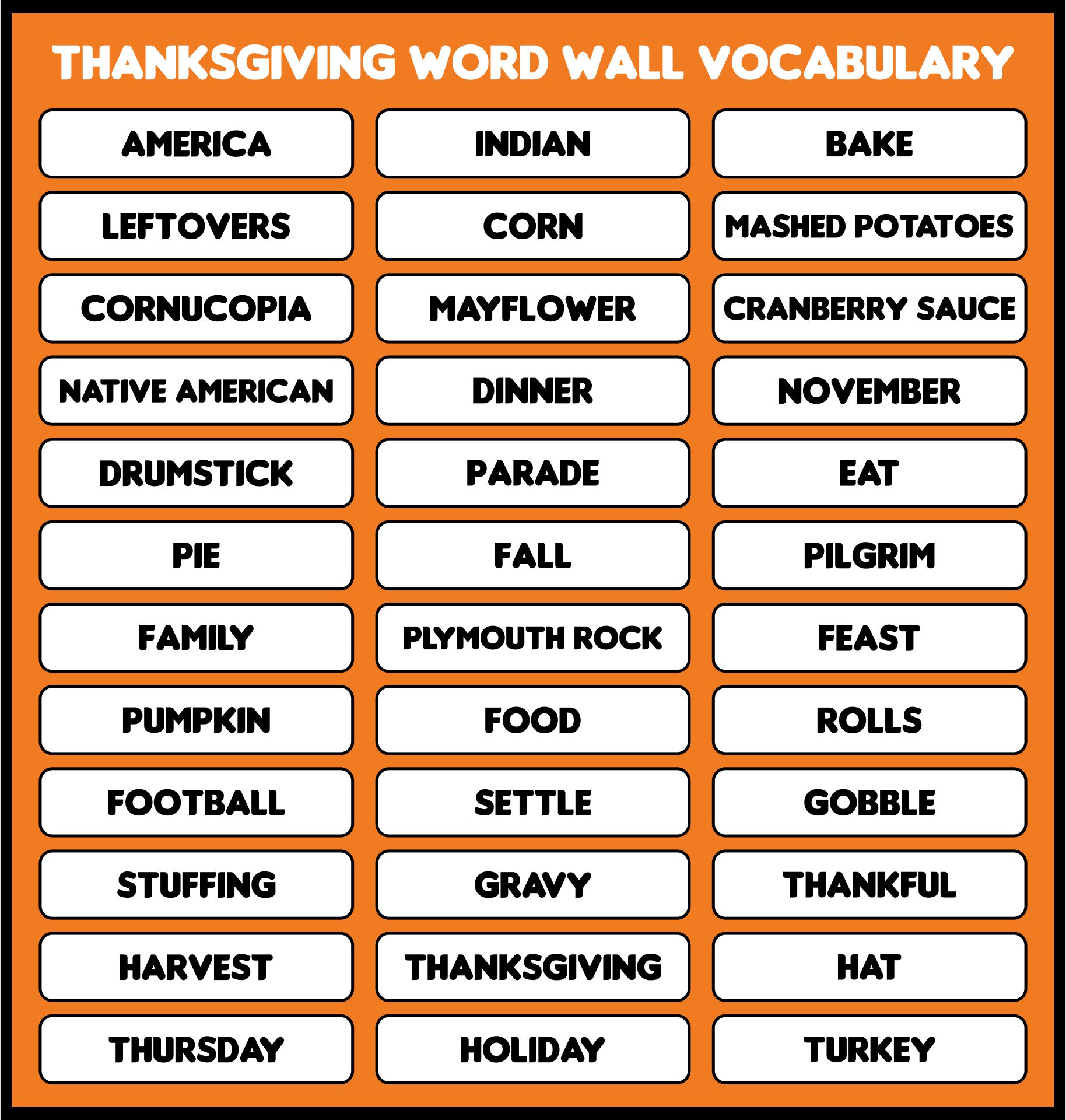 Printable Thanksgiving Word Wall Vocabulary Cards