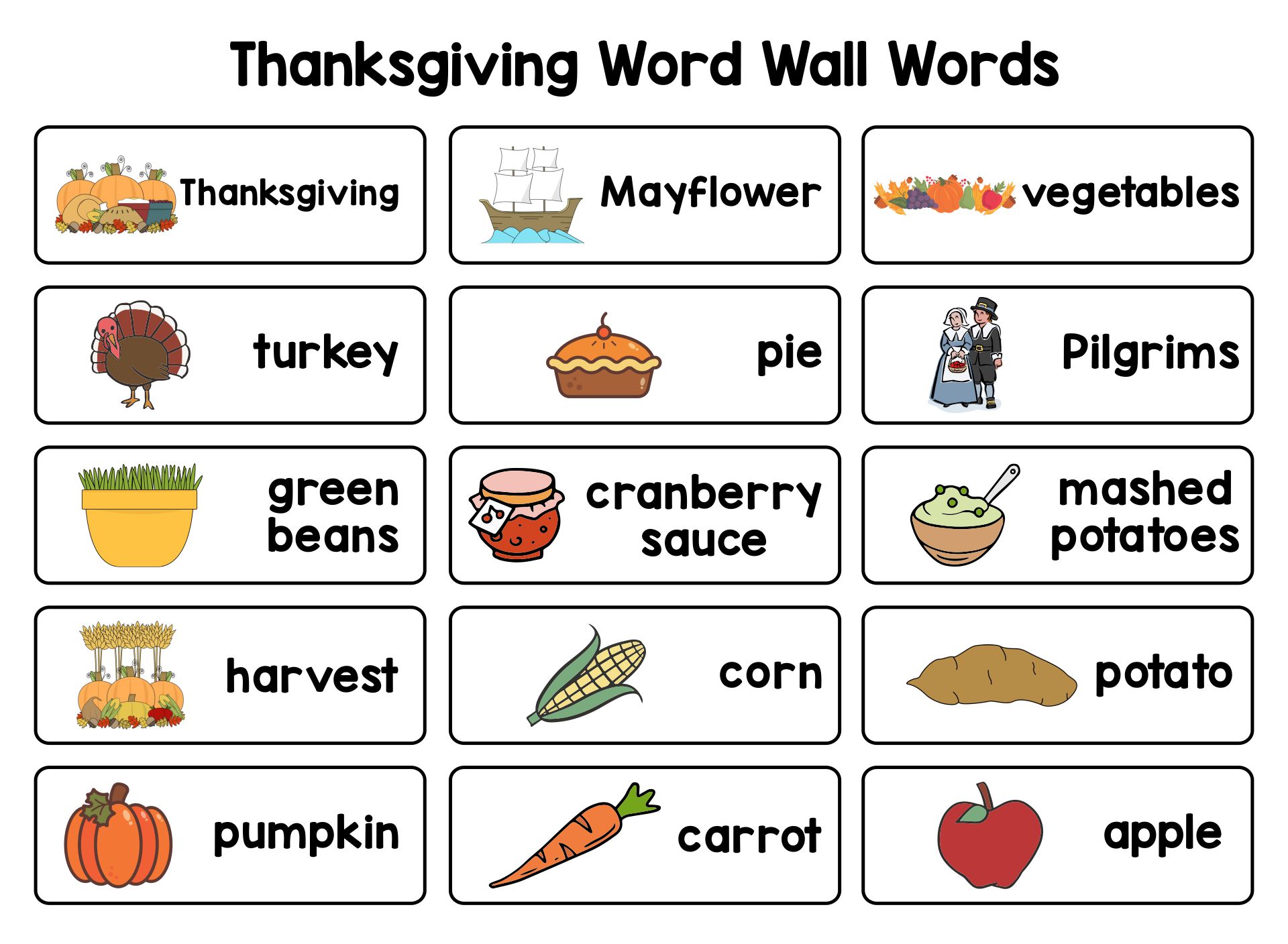Printable Thanksgiving Word Wall Words