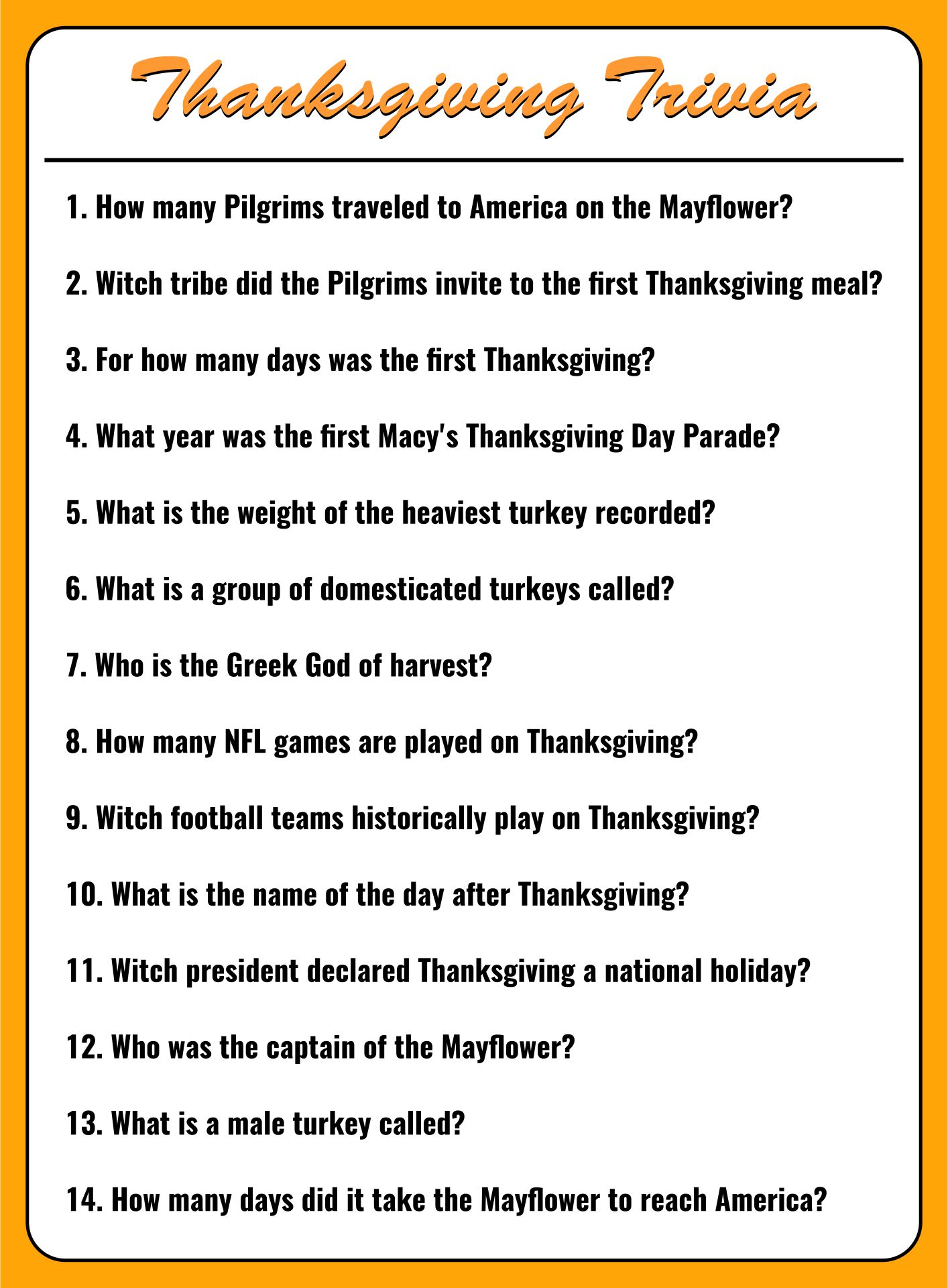 Printable Trivia Games For Thanksgiving