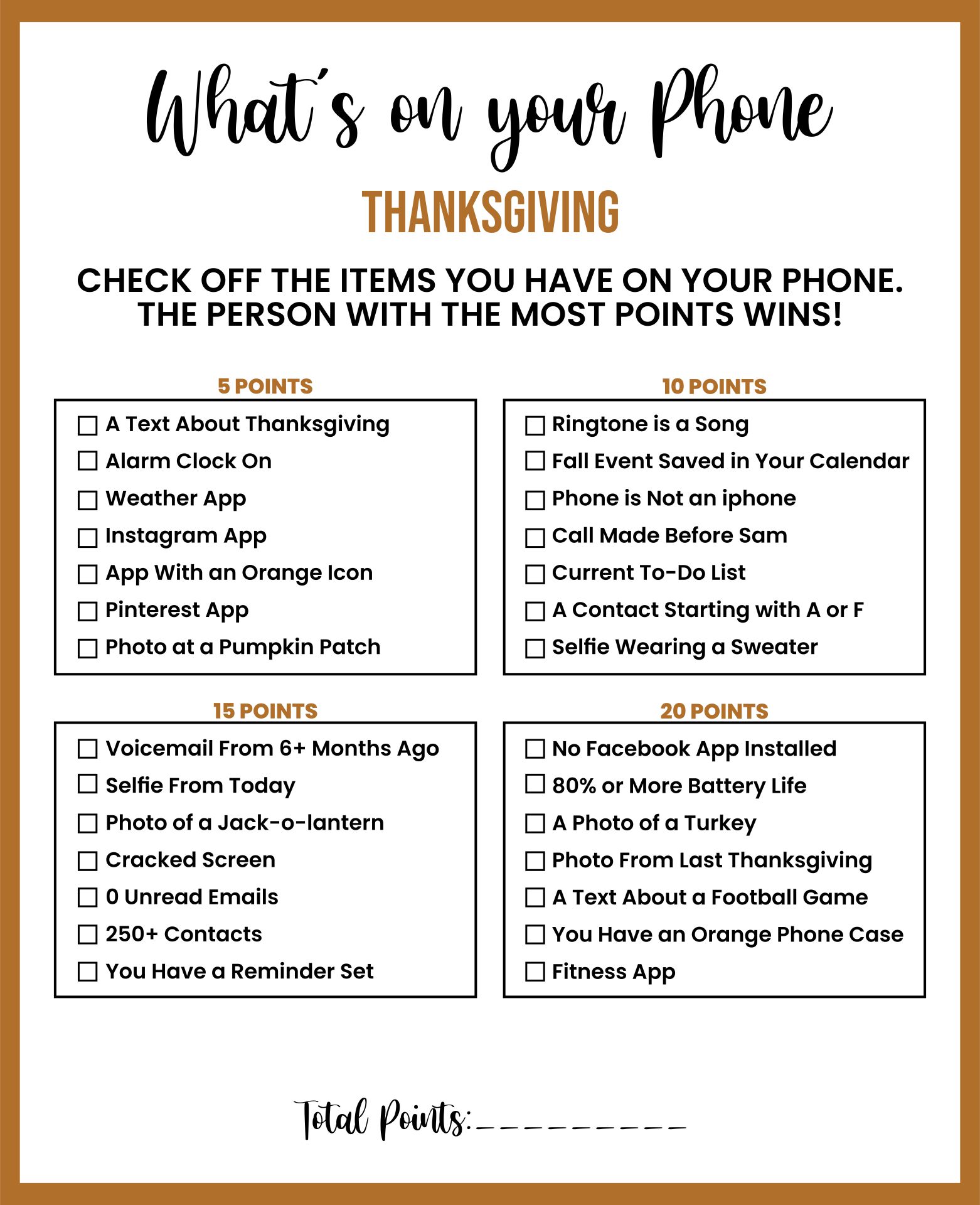 Printable Whats In Your Phone Thanksgiving Game