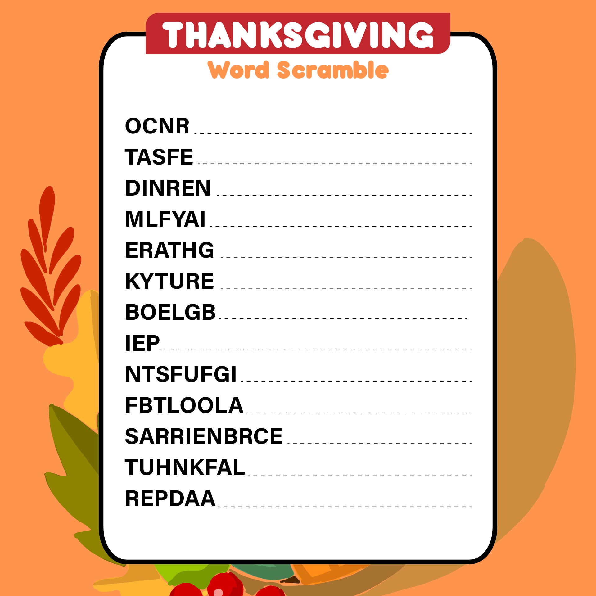 Printable Word Scramble Thanksgiving