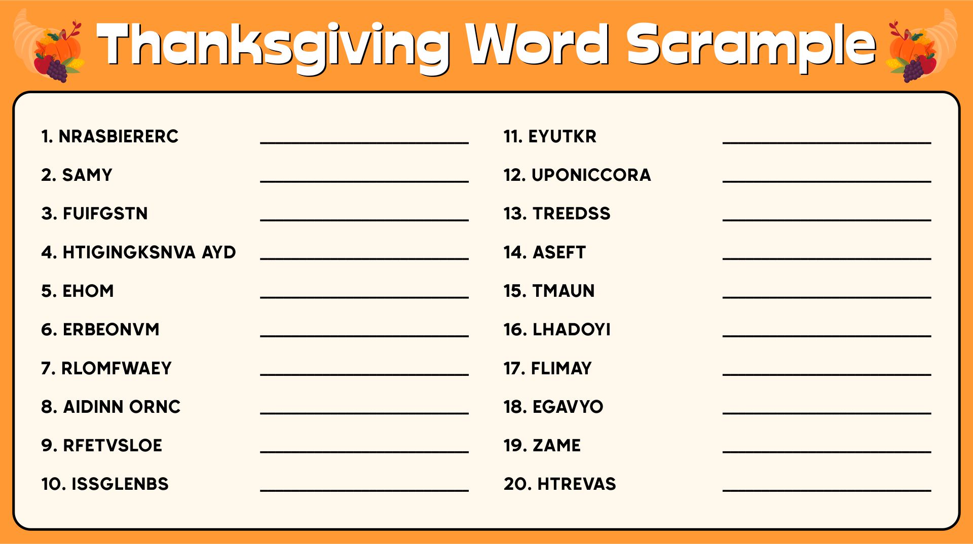 Thanksgiving Double Word Scramble