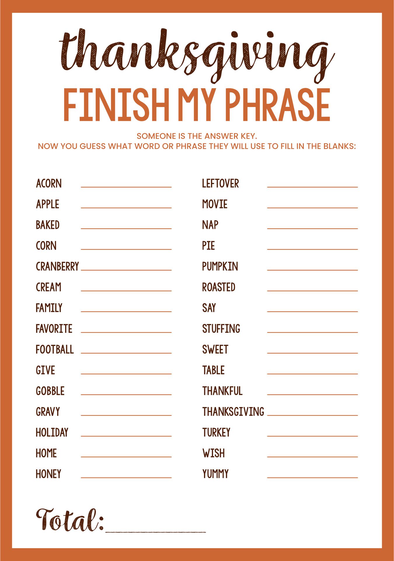 Thanksgiving Finish My Phrase Printable Thanksgiving Party