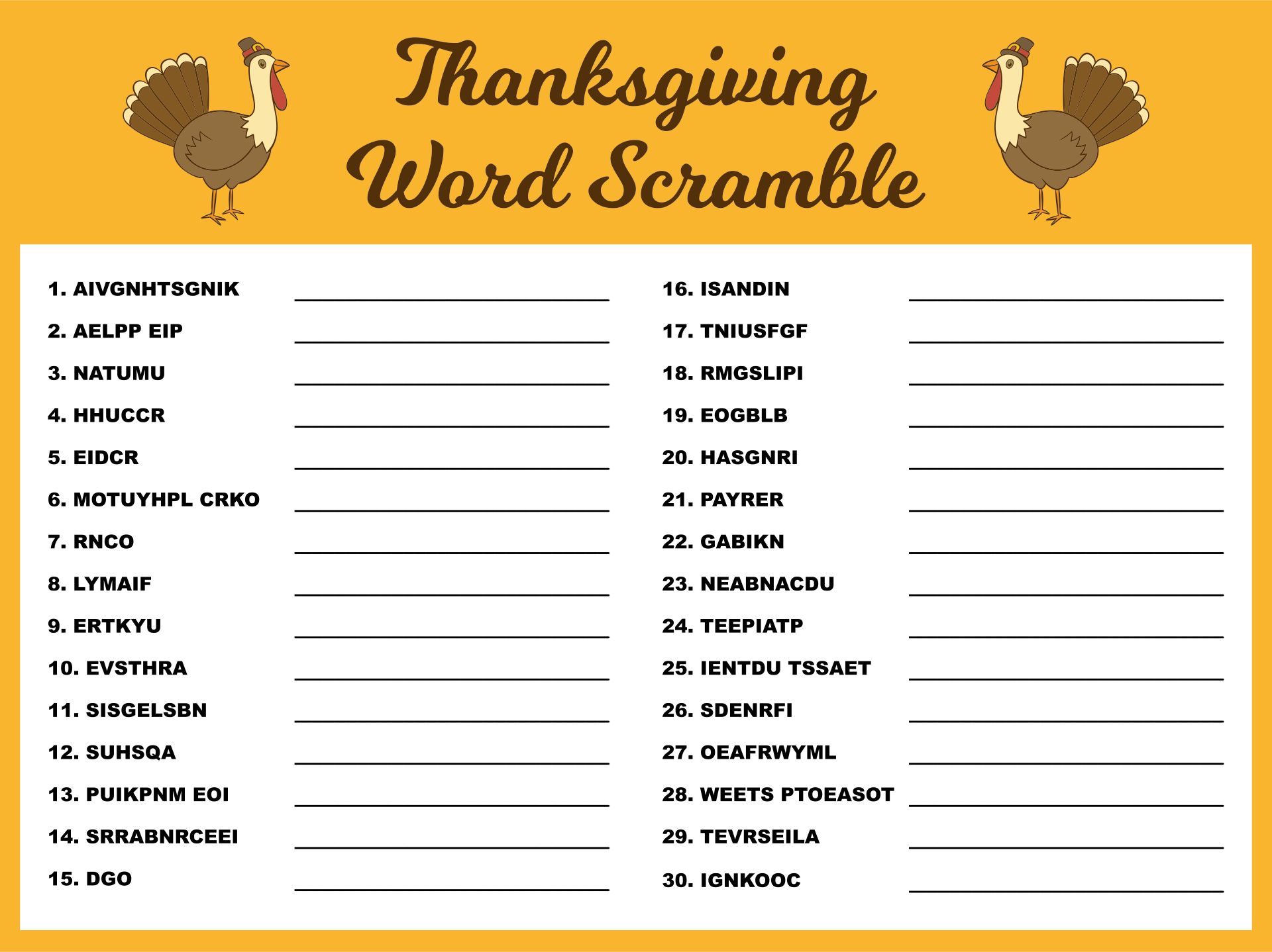 Thanksgiving Hard Word Scramble Turkey