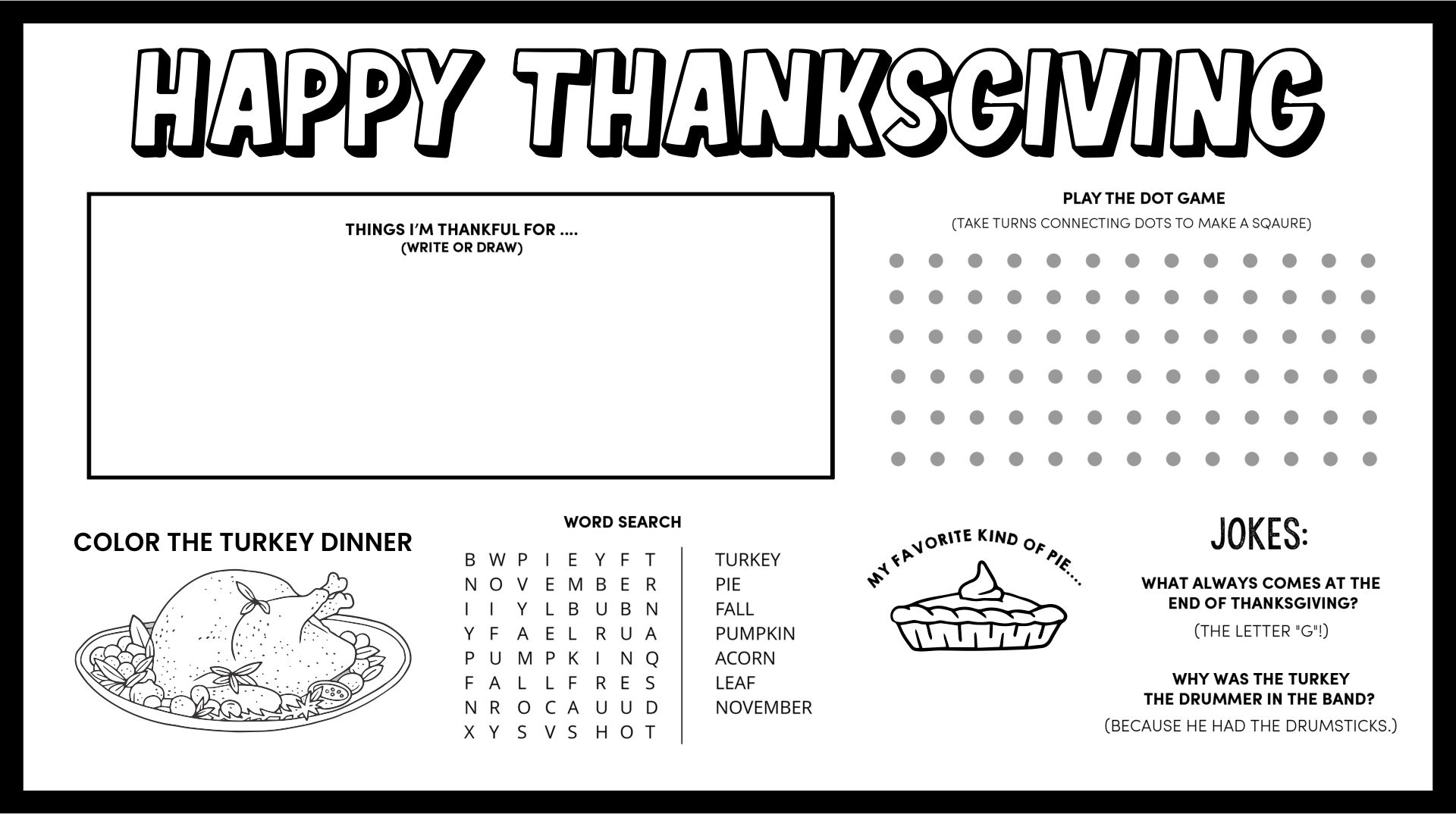 Thanksgiving Placemats For Kids Printable Table Decor