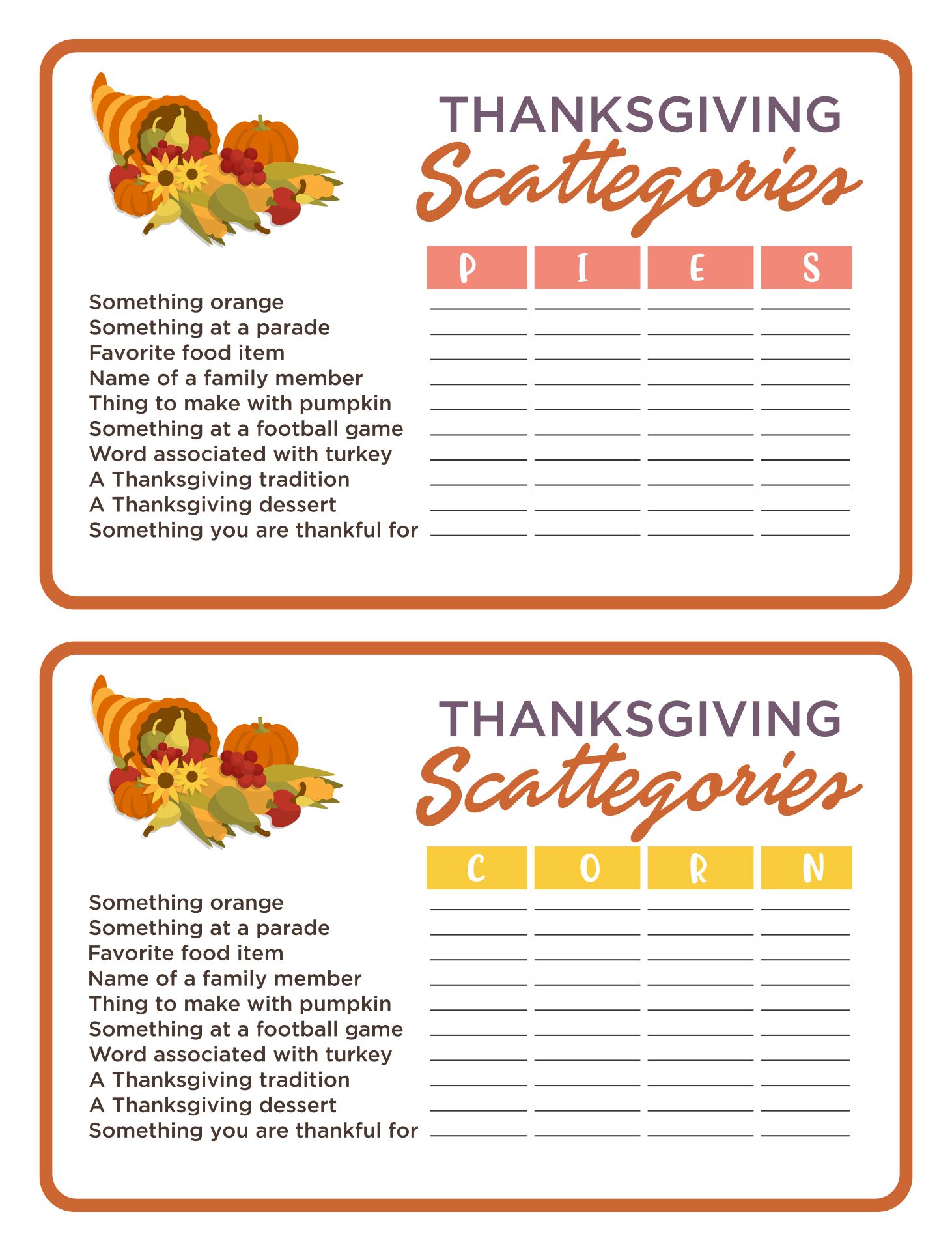 Thanksgiving Scattergories Printable Game