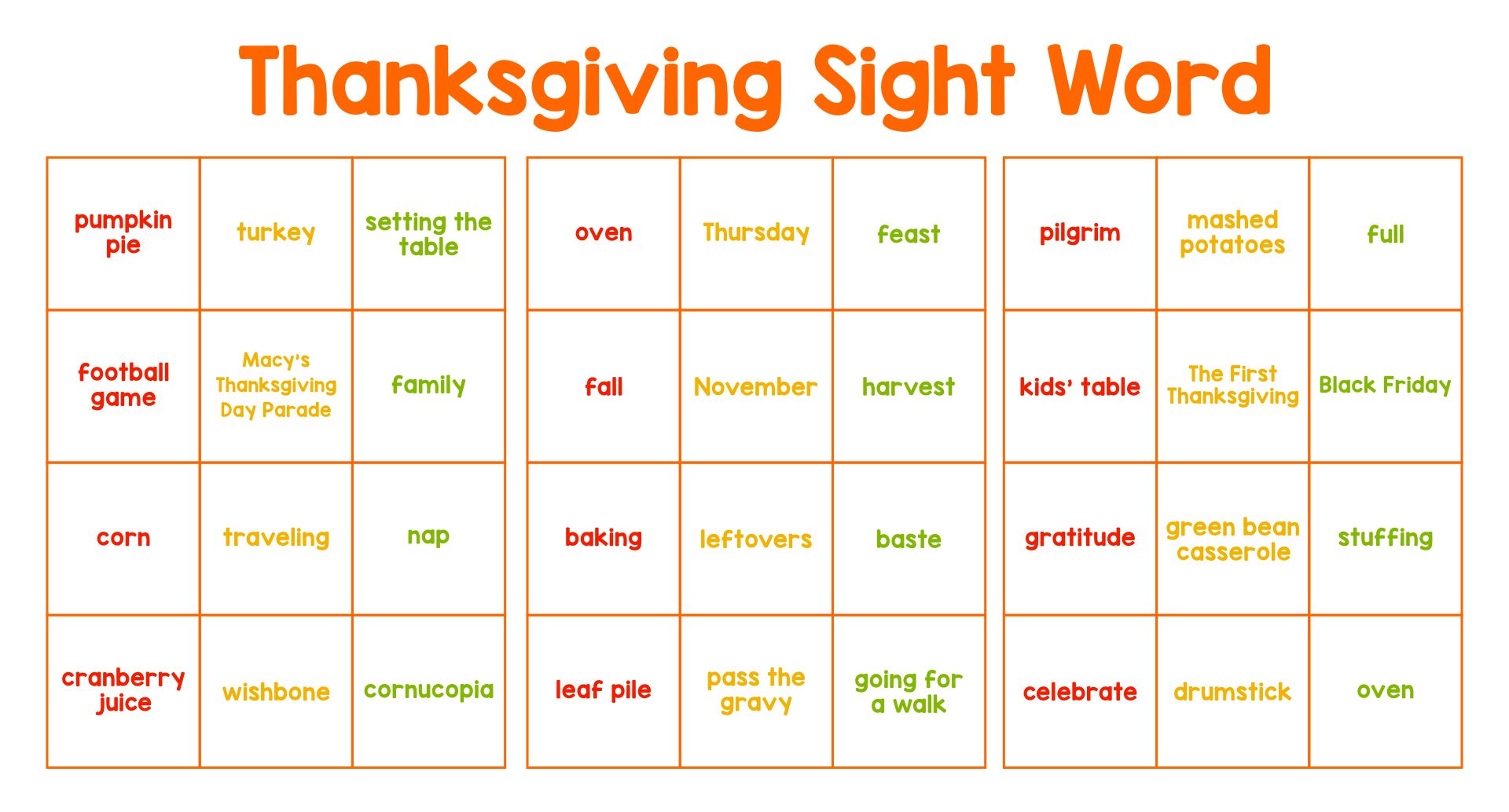 Thanksgiving Sight Word Games