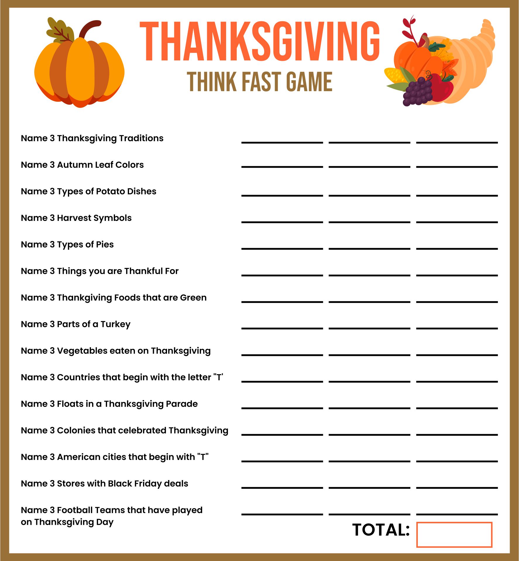 Thanksgiving Trivia Game Think Fast Game