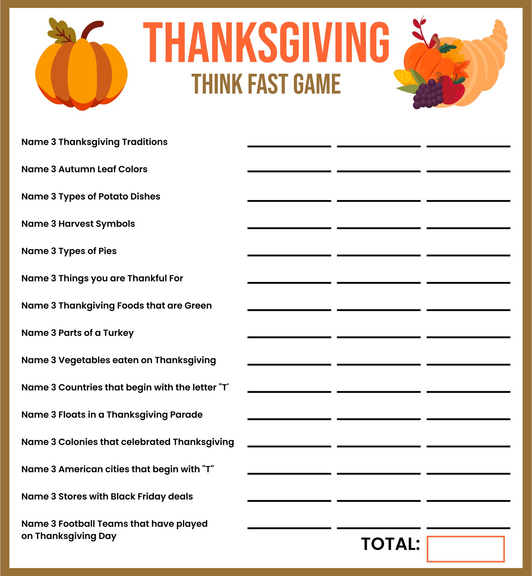 Thanksgiving Trivia Game, Think Fast Game, Thanksgiving Printable Games,  Fun Friendsgiving Game, Zoom Game, Family Game, Instant Download