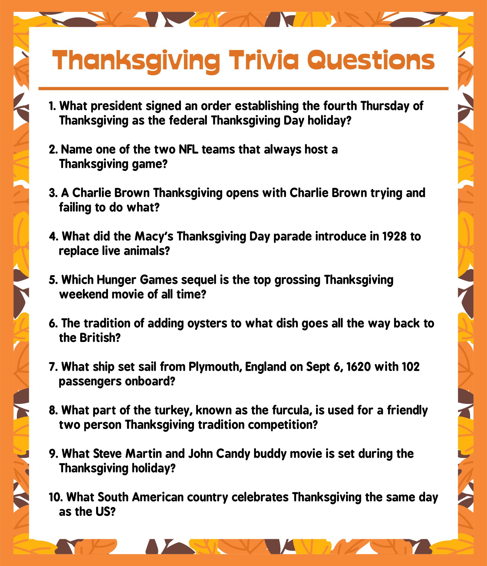 Thanksgiving Trivia Games Printable