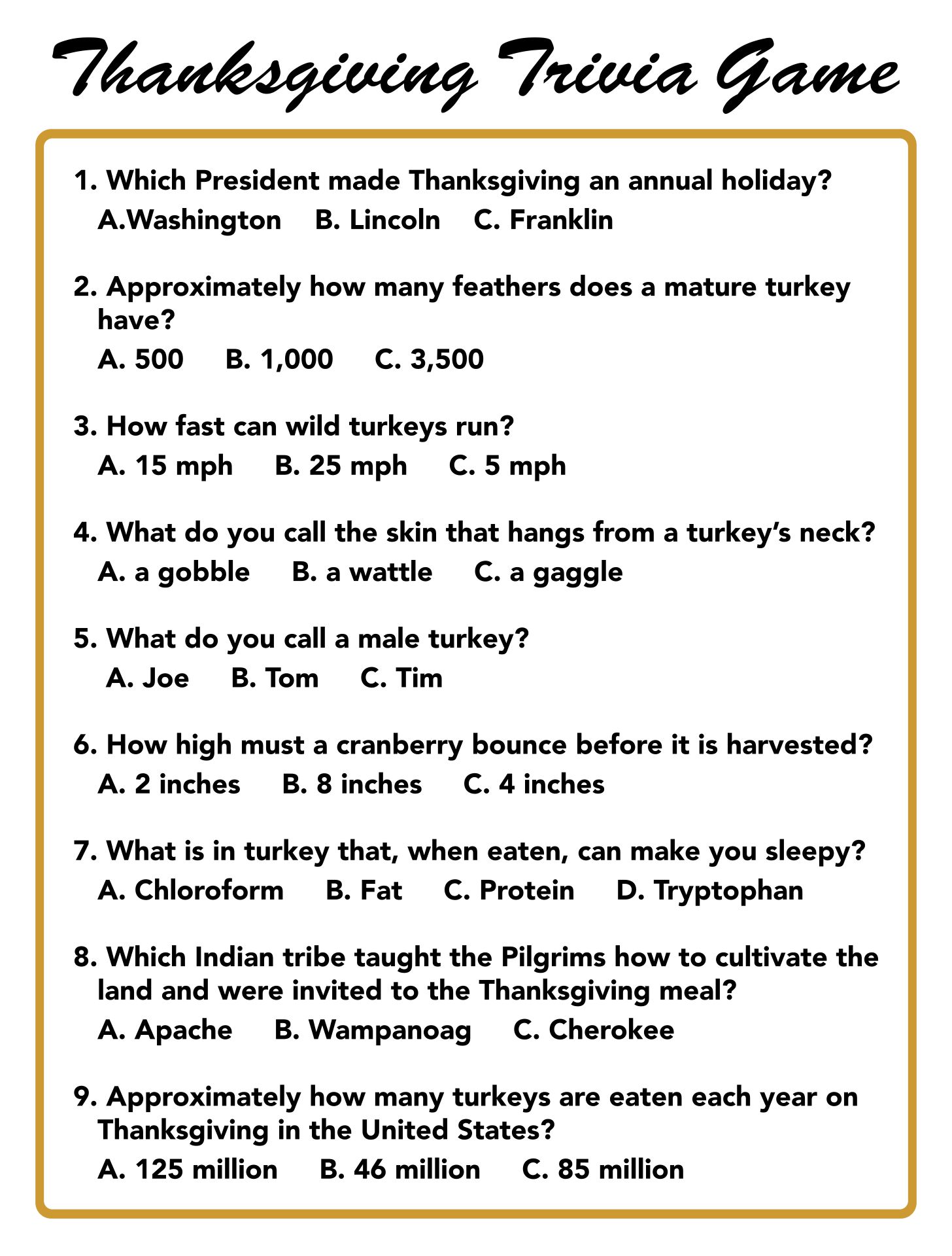 Thanksgiving Trivia Printable Game To Enjoy With Family
