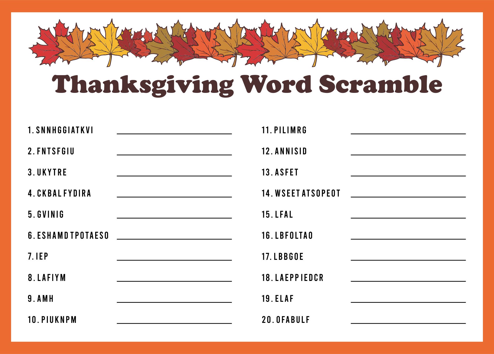 Thanksgiving Word Scramble Party Game With Autumn Leaves