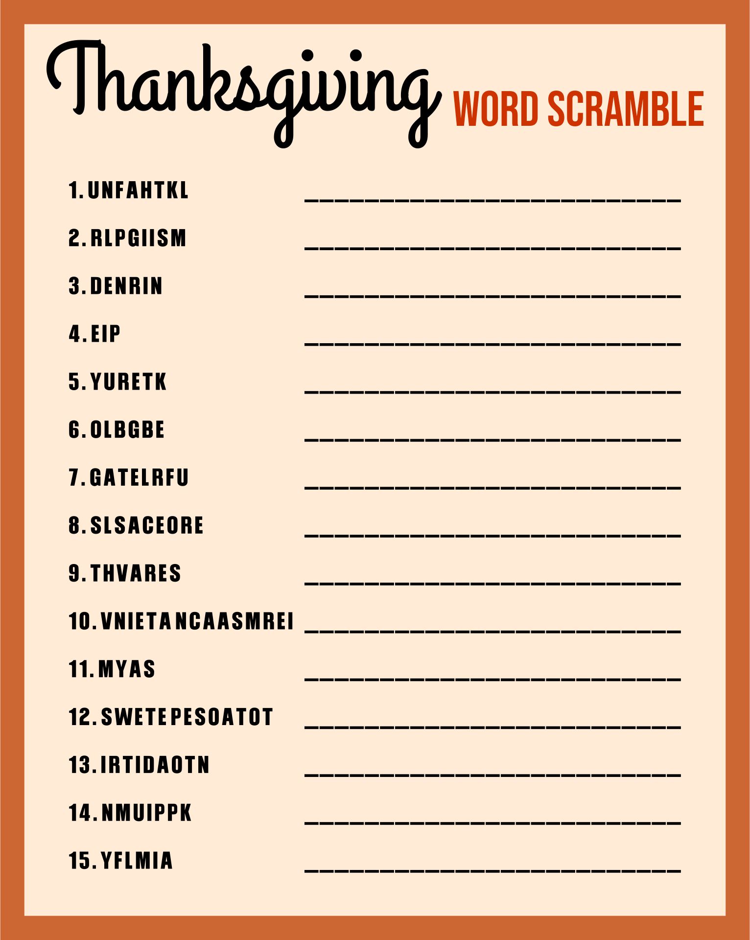 Thanksgiving Word Scramble Puzzle Worksheet Activity