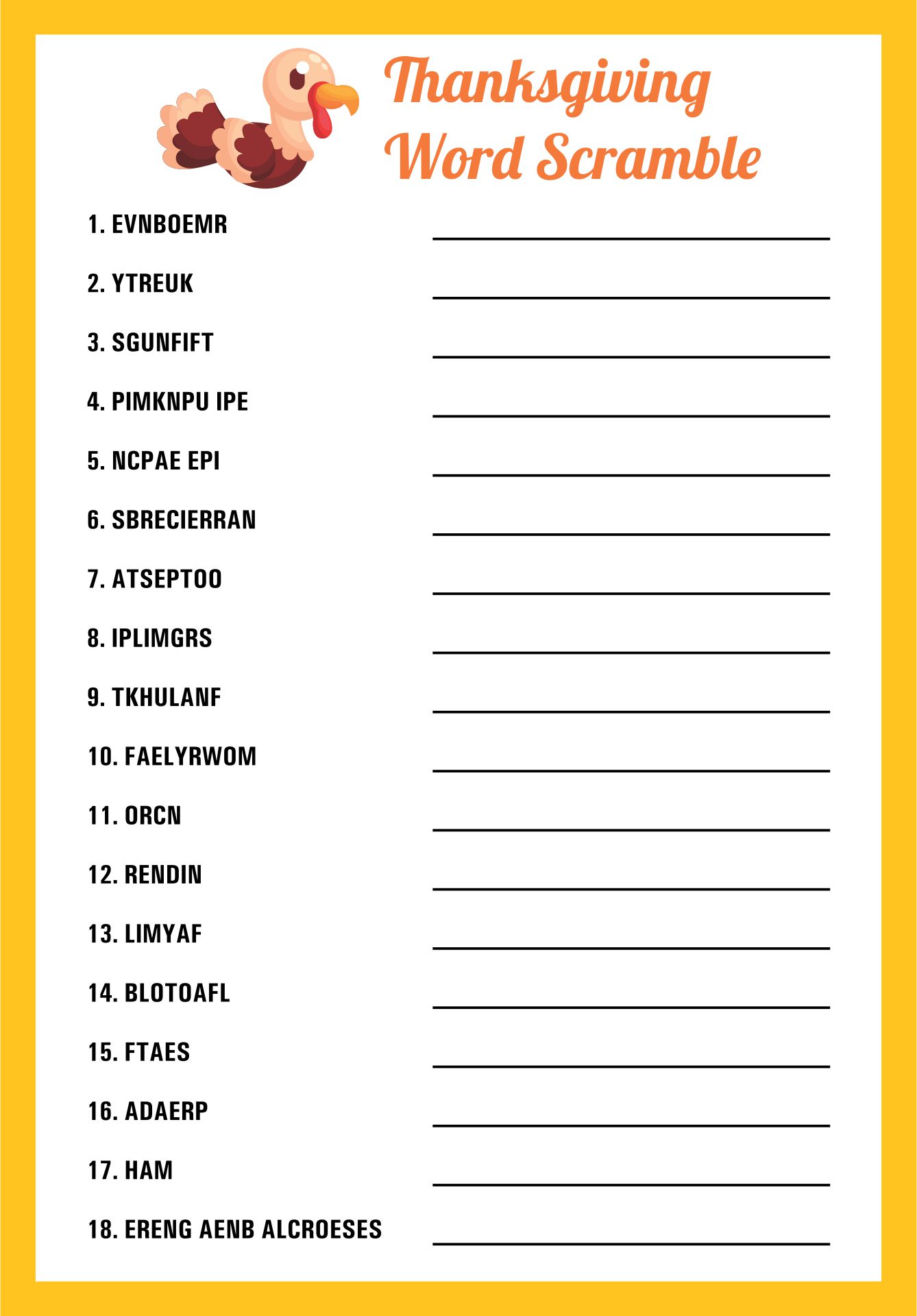 Thanksgiving Word Scramble Puzzle Worksheets
