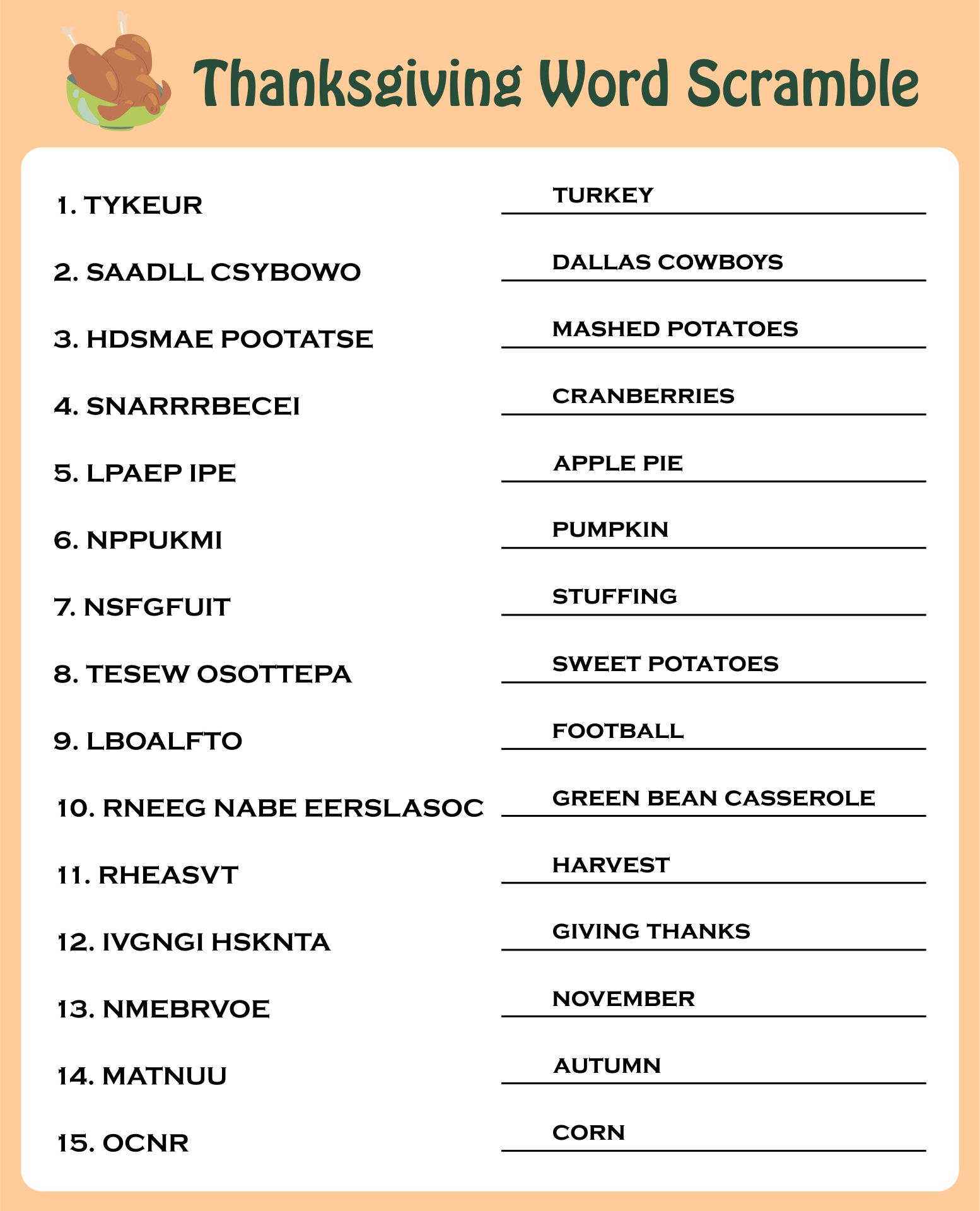Thanksgiving Word Scramble Worksheet With Answers