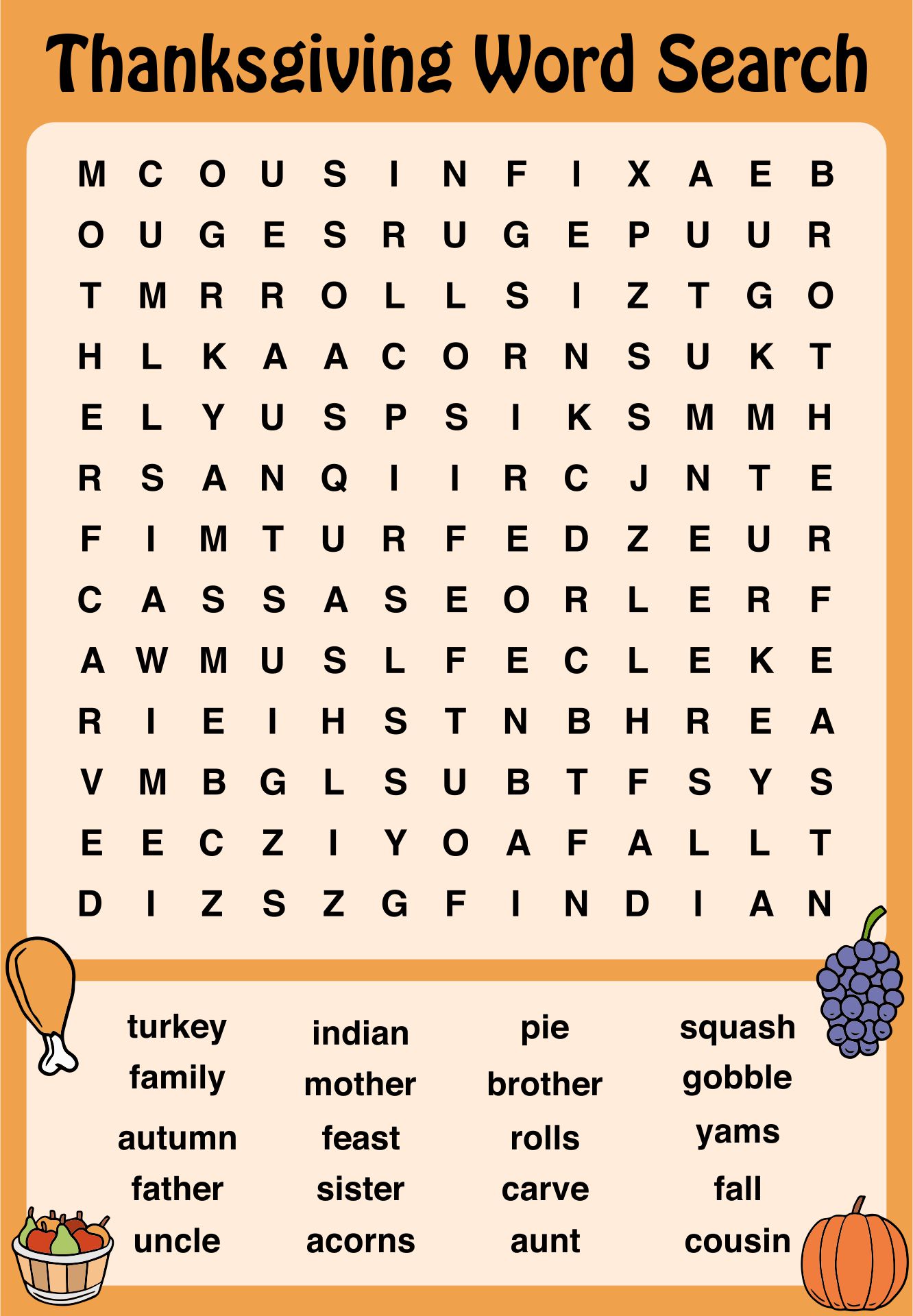 Thanksgiving Word Search Printable For Children