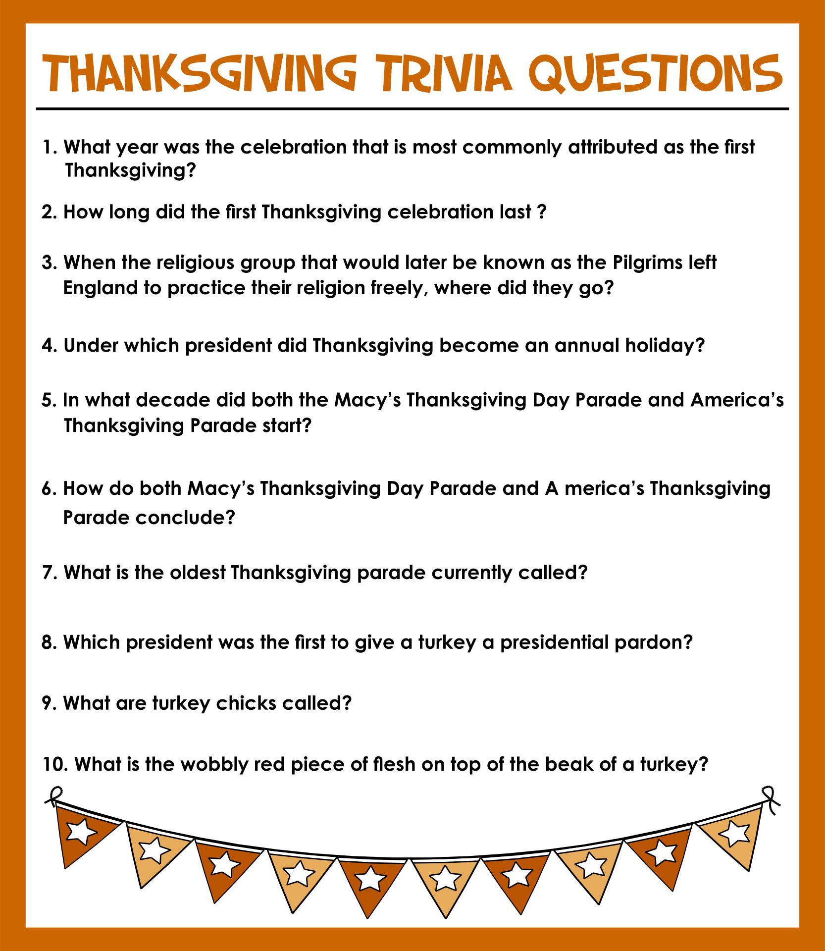 Trivia Questions About Thanksgiving Printable