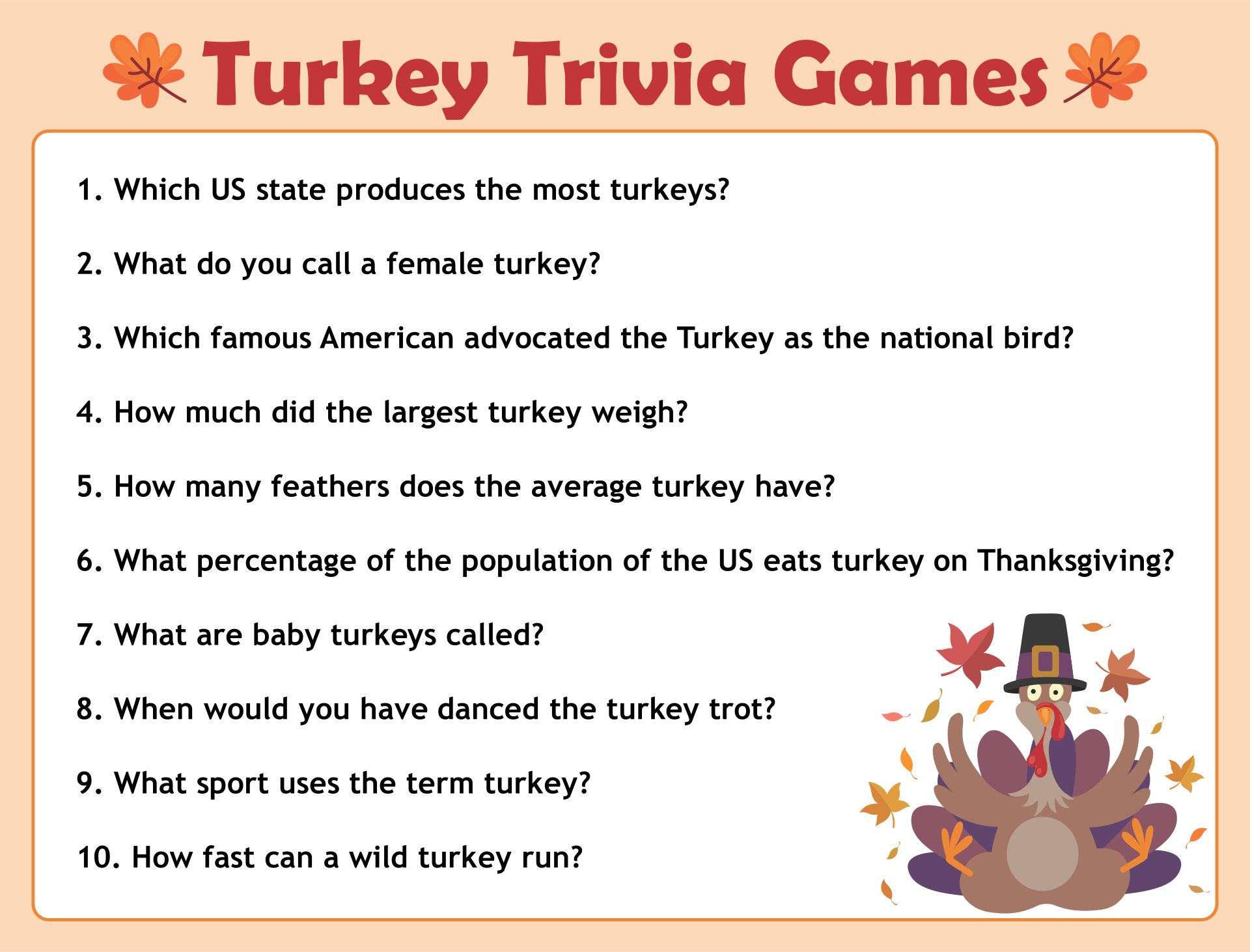 Turkey Trivia Test Printable Games
