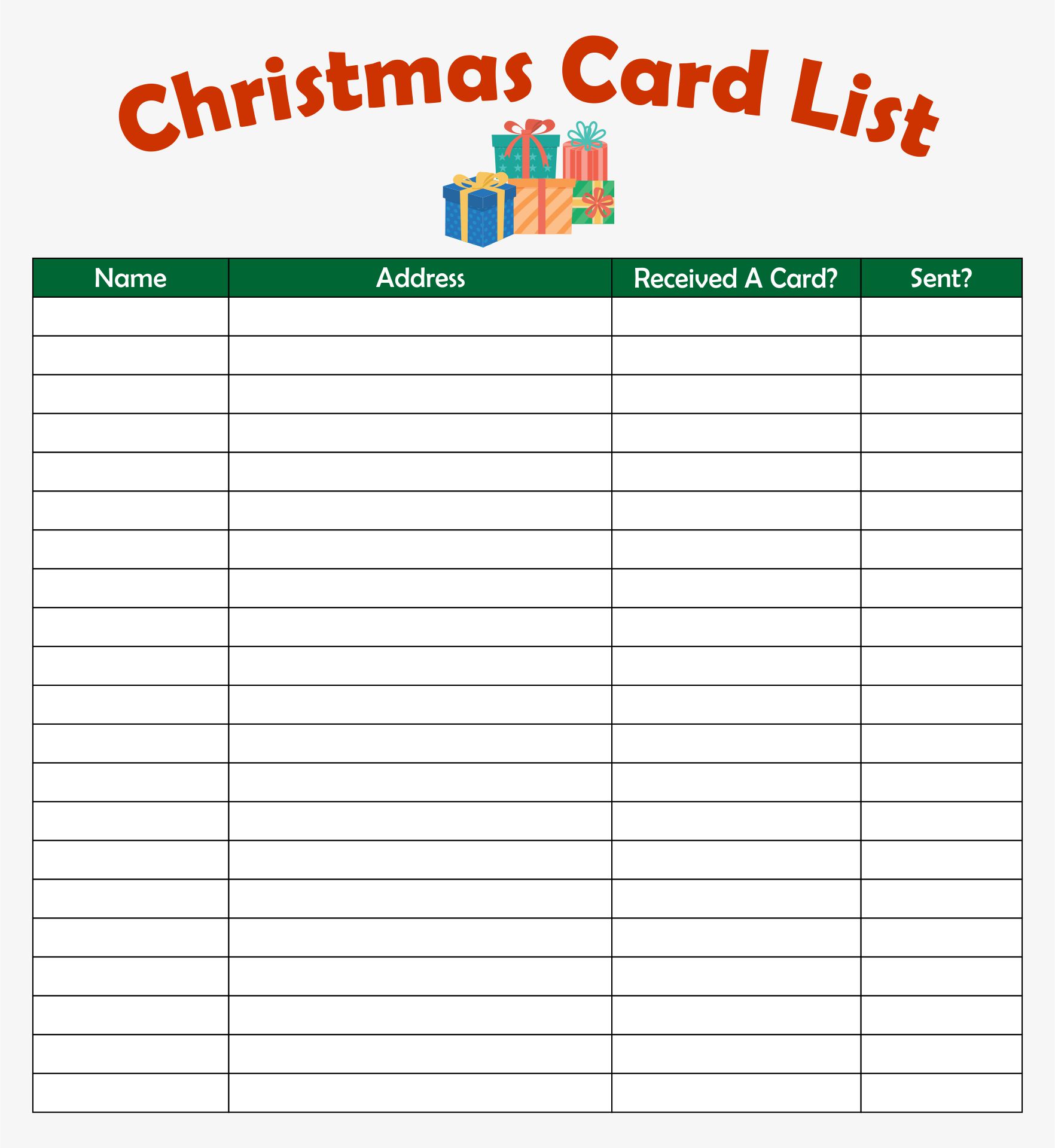 Christmas Card List Printable