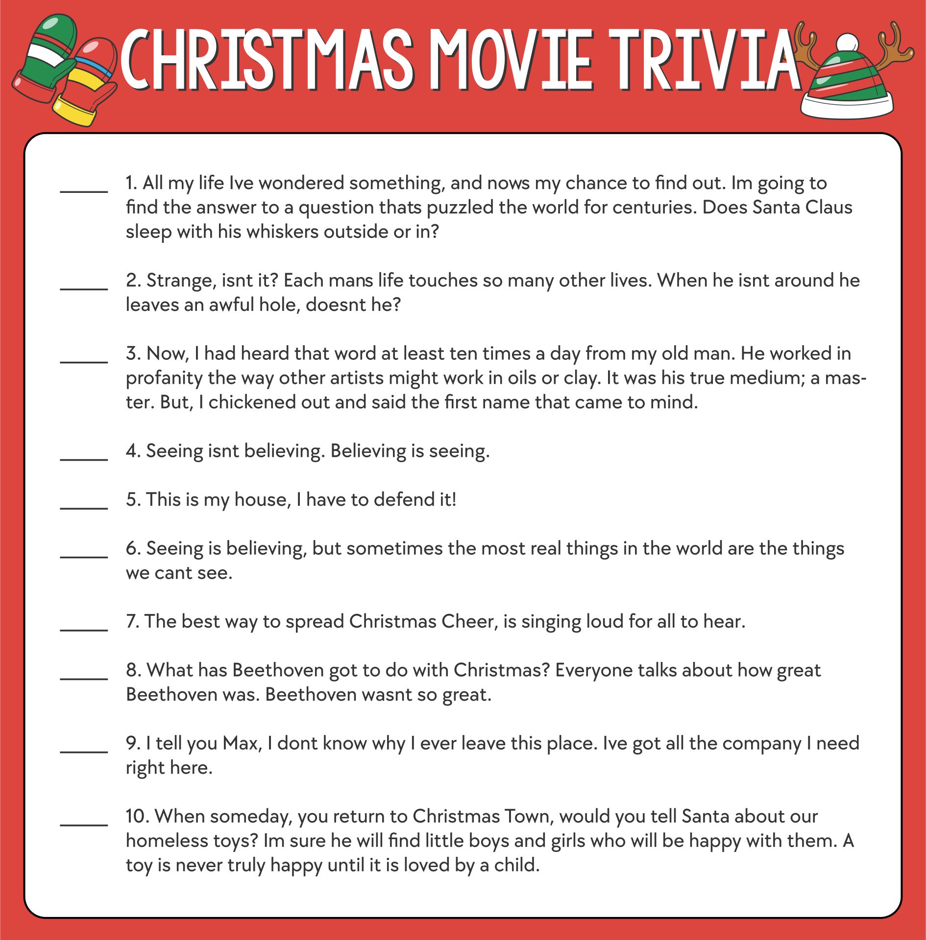 Christmas Movie Trivia Games Printable