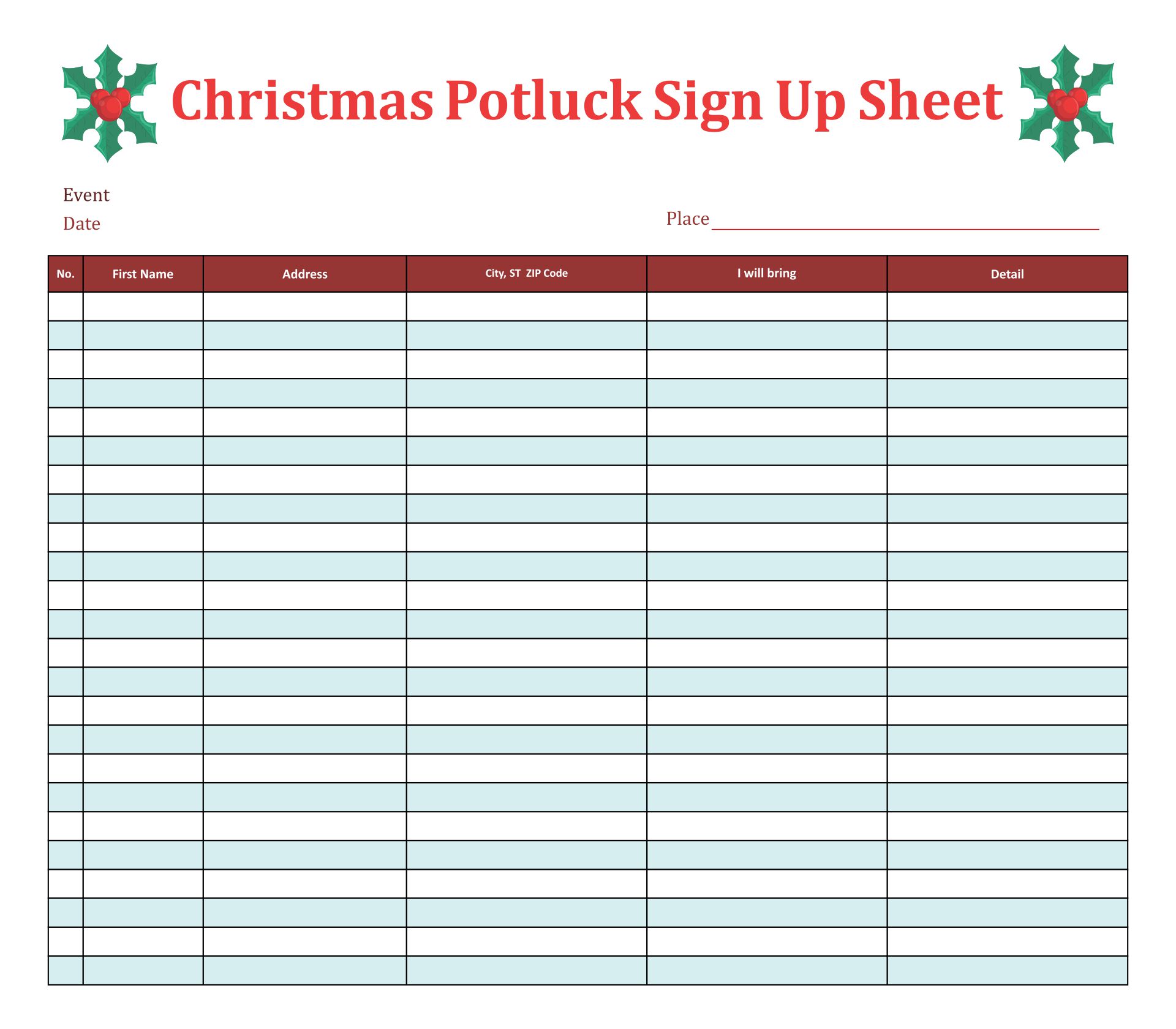 Christmas Potluck Sign Up Sheets