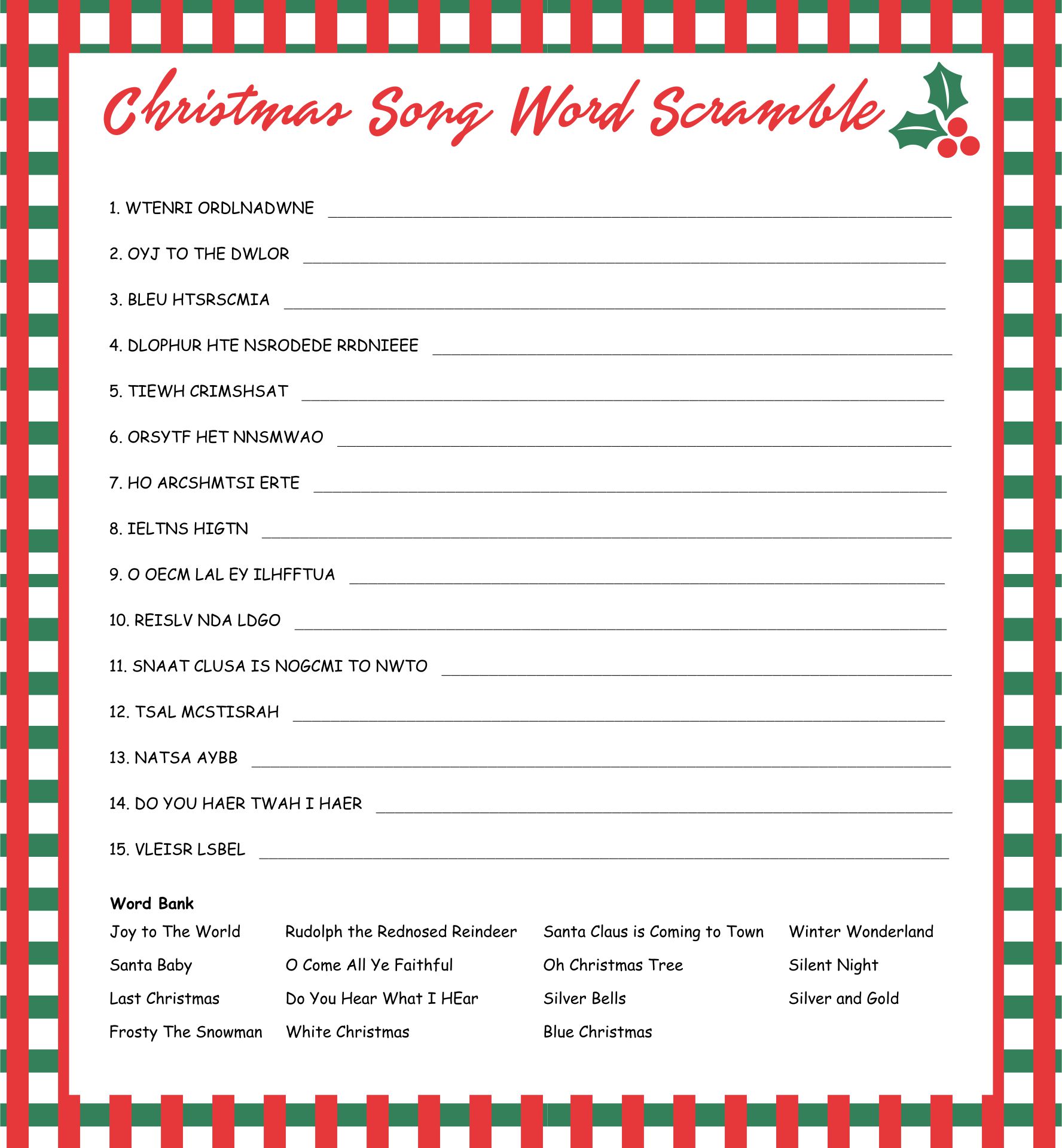 Christmas Song Scramble Printable