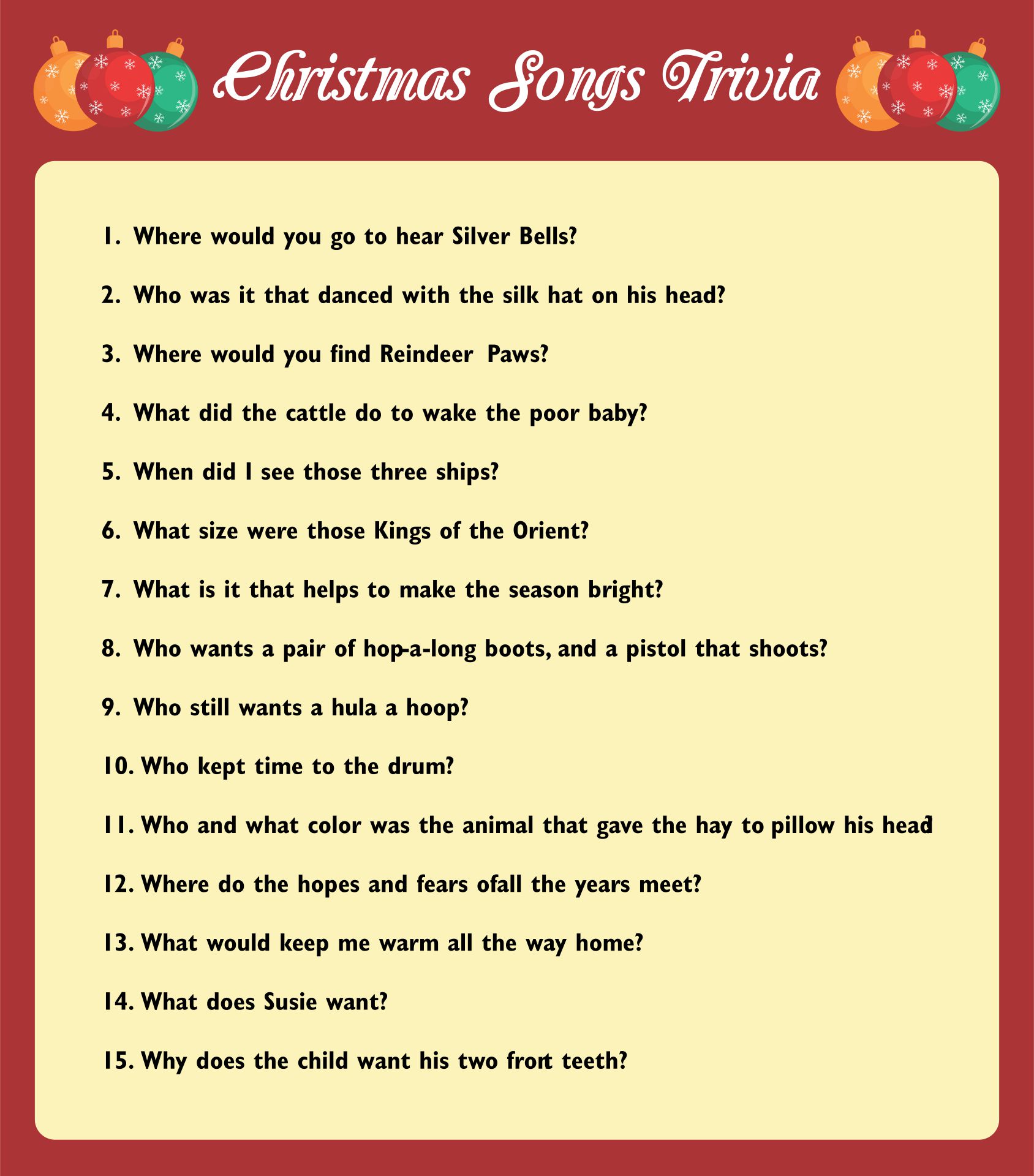 Christmas Song Trivia Party Game