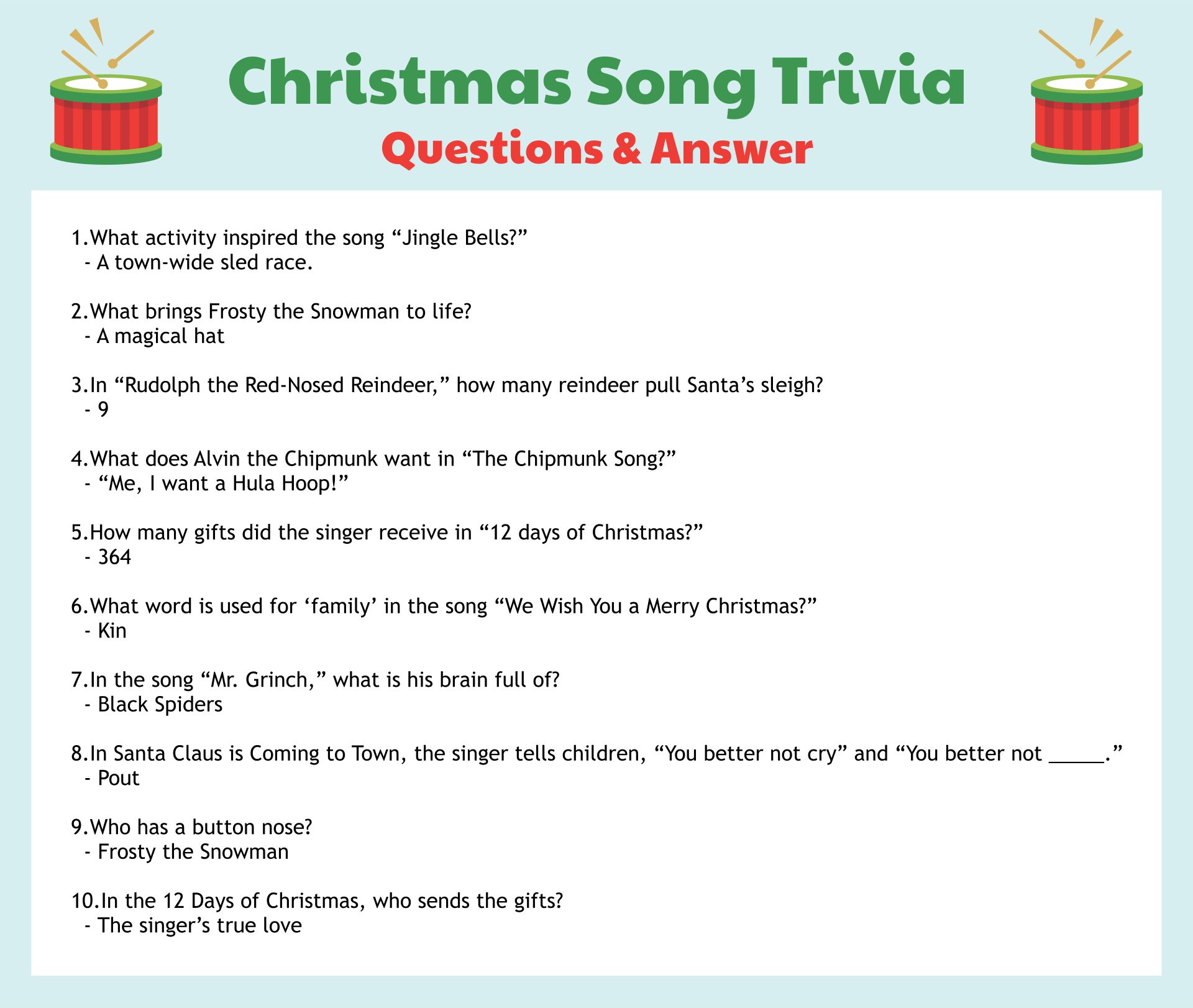Christmas Song Trivia Questions Answers Printable