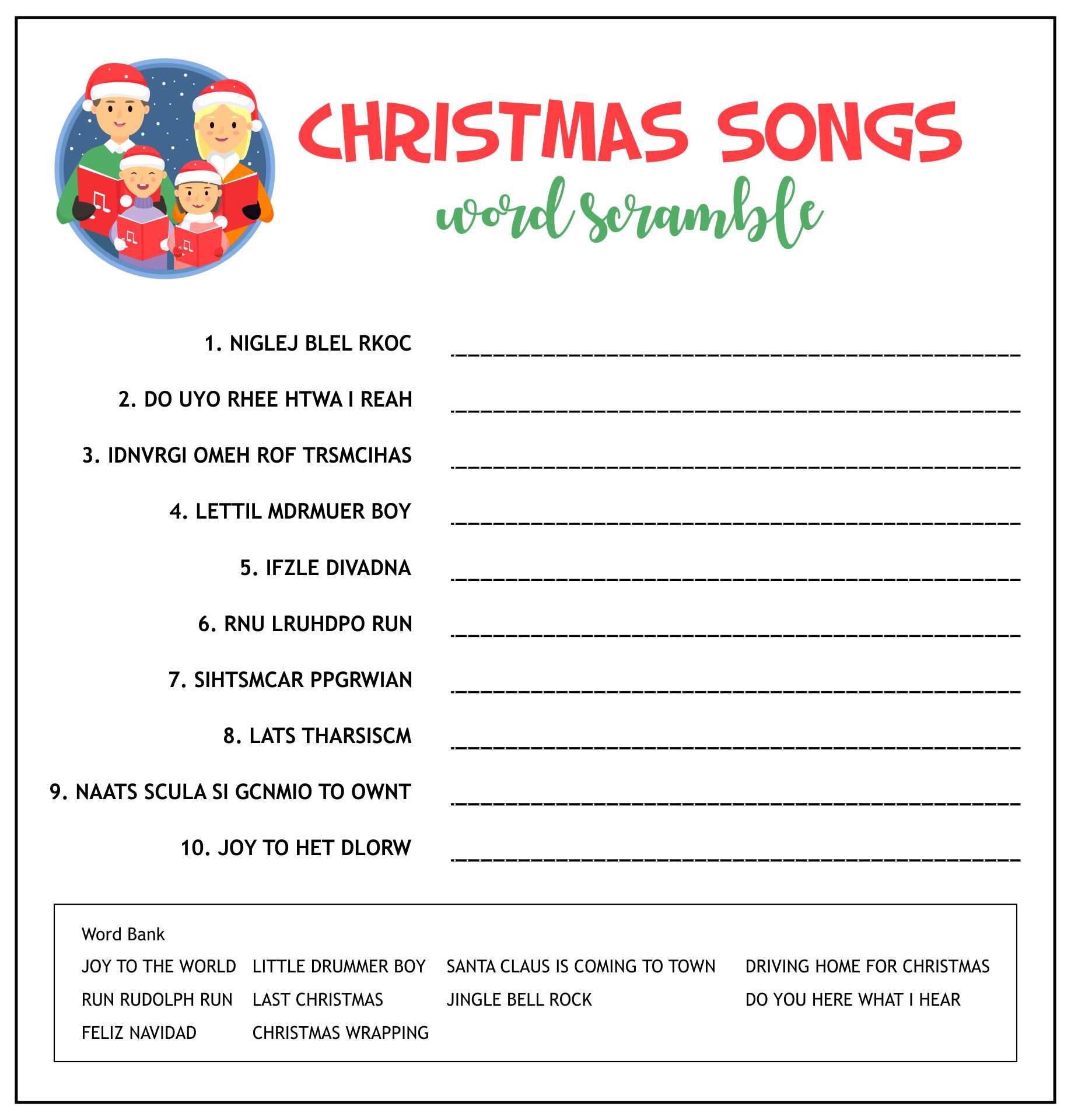 Christmas Song Word Scramble Printable
