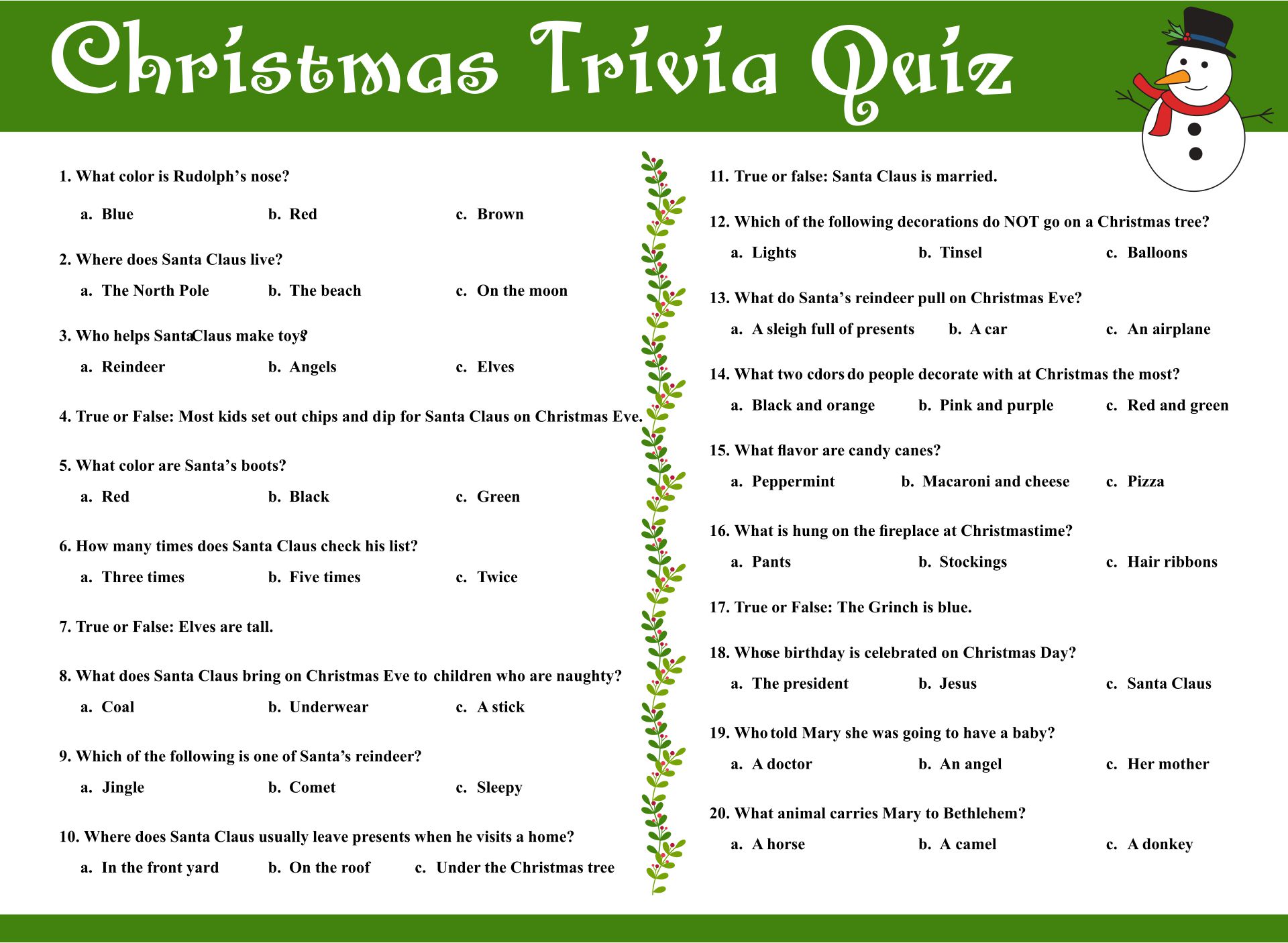 General Knowledge Christmas Trivia Quiz Printable Template