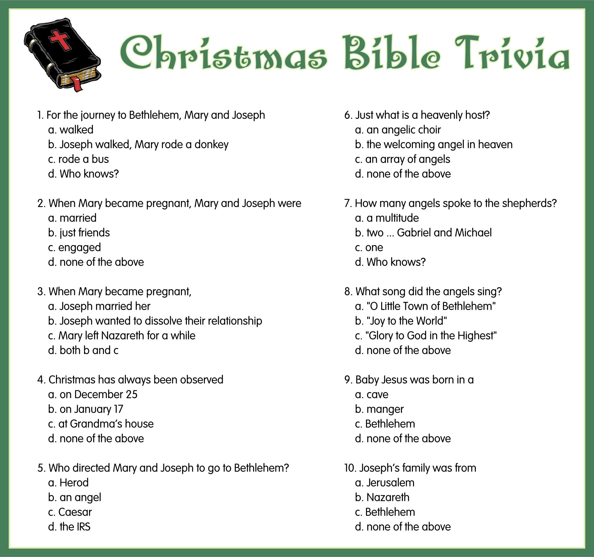 Printable Christmas Bible Trivia Questions
