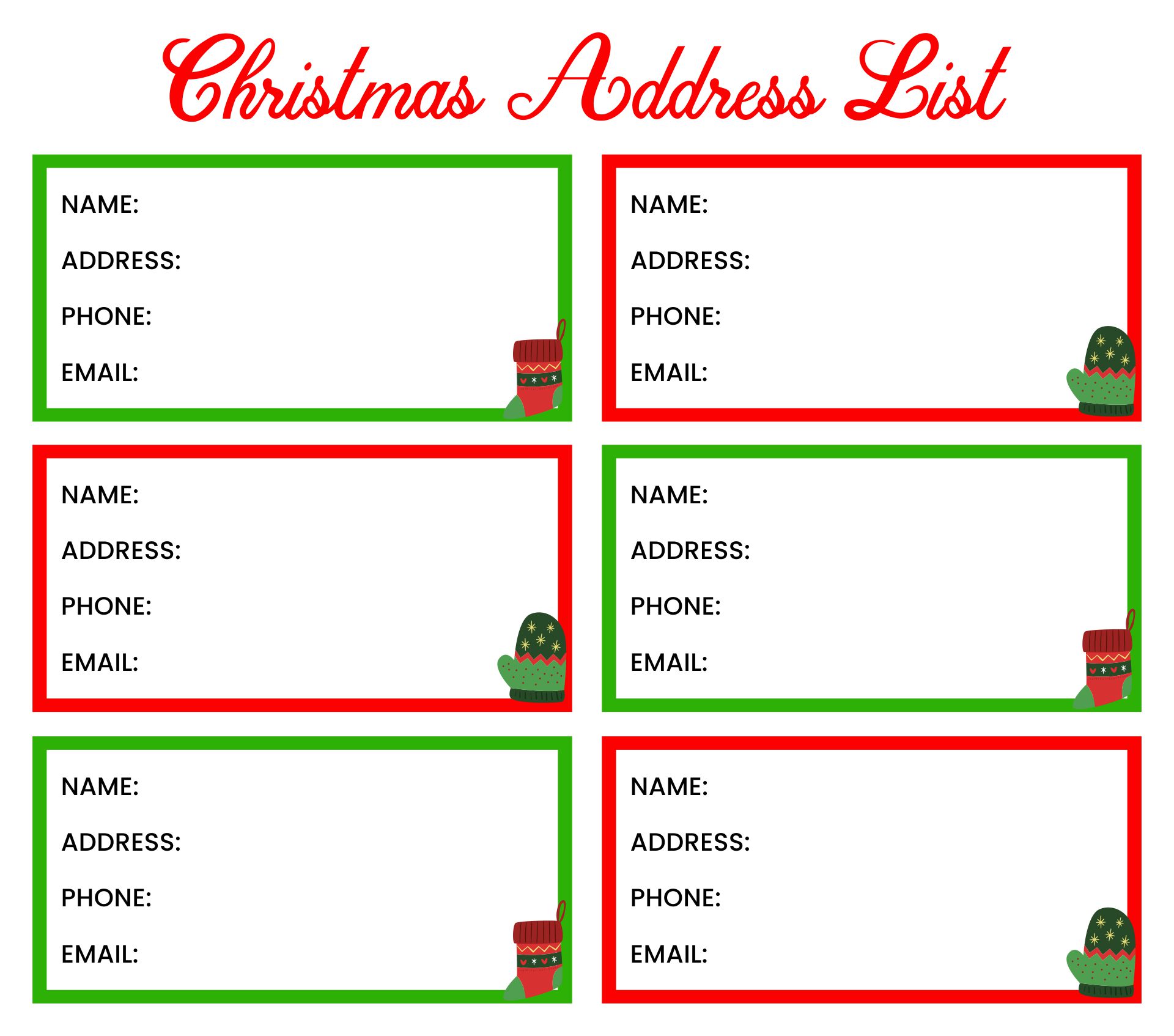 Printable Christmas Card Address List With Template