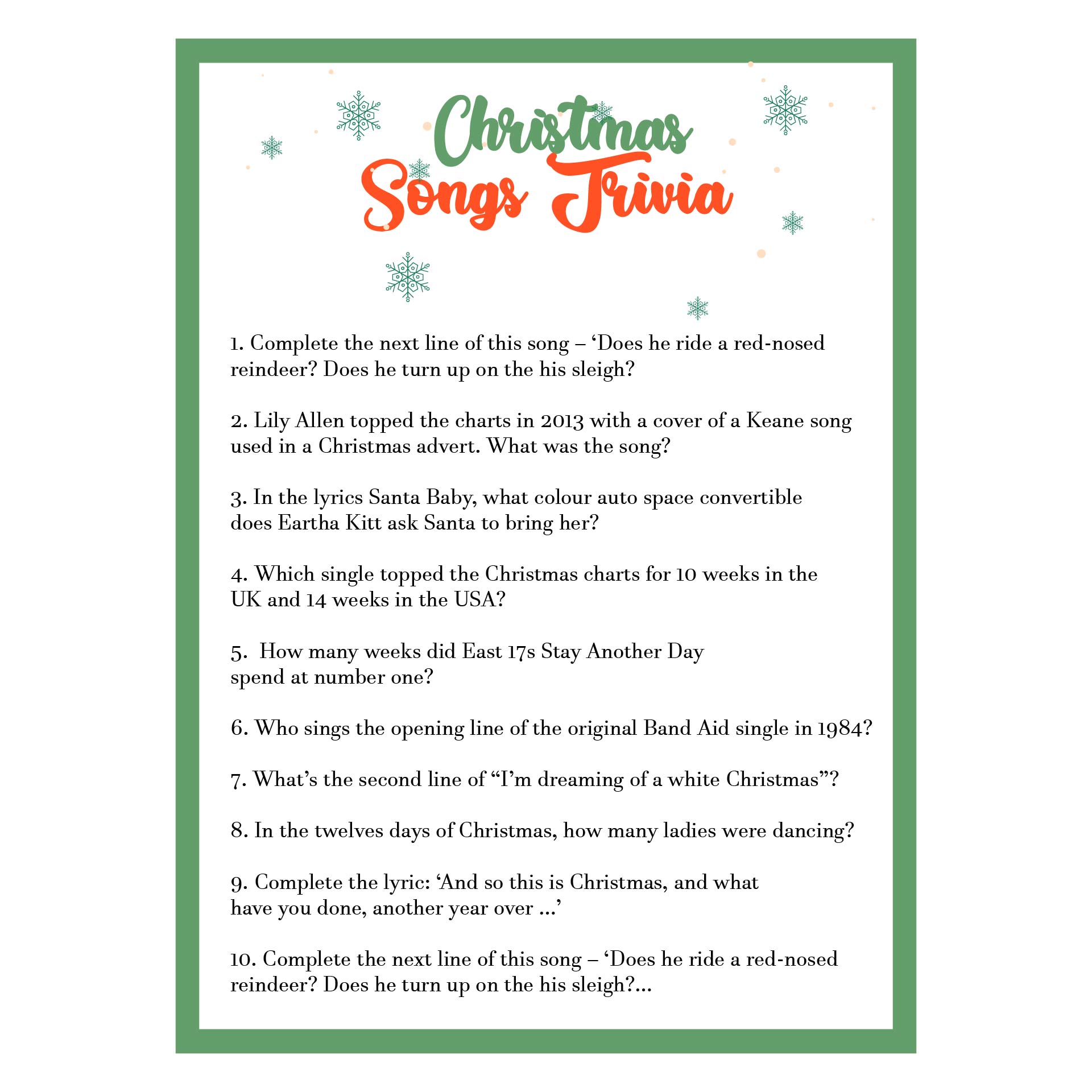 Printable Christmas Carol Quiz Questions And Answers