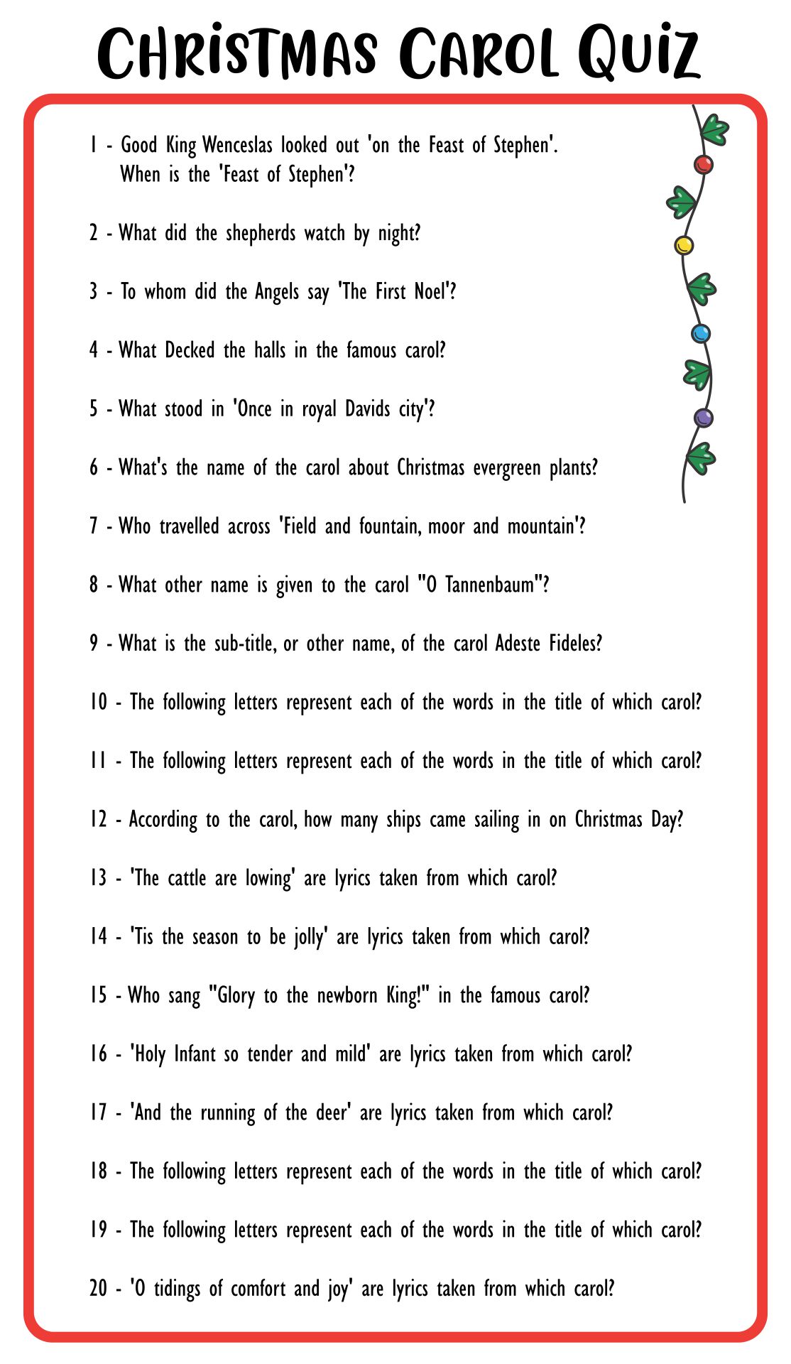 Printable Christmas Carol Quiz
