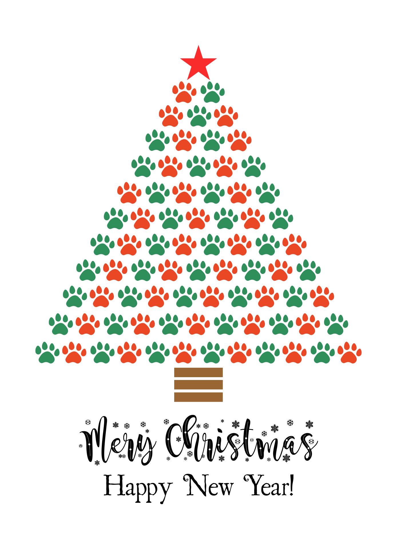 Printable Christmas Tree Made With Paw Print Happy New Year And Mery Christmas