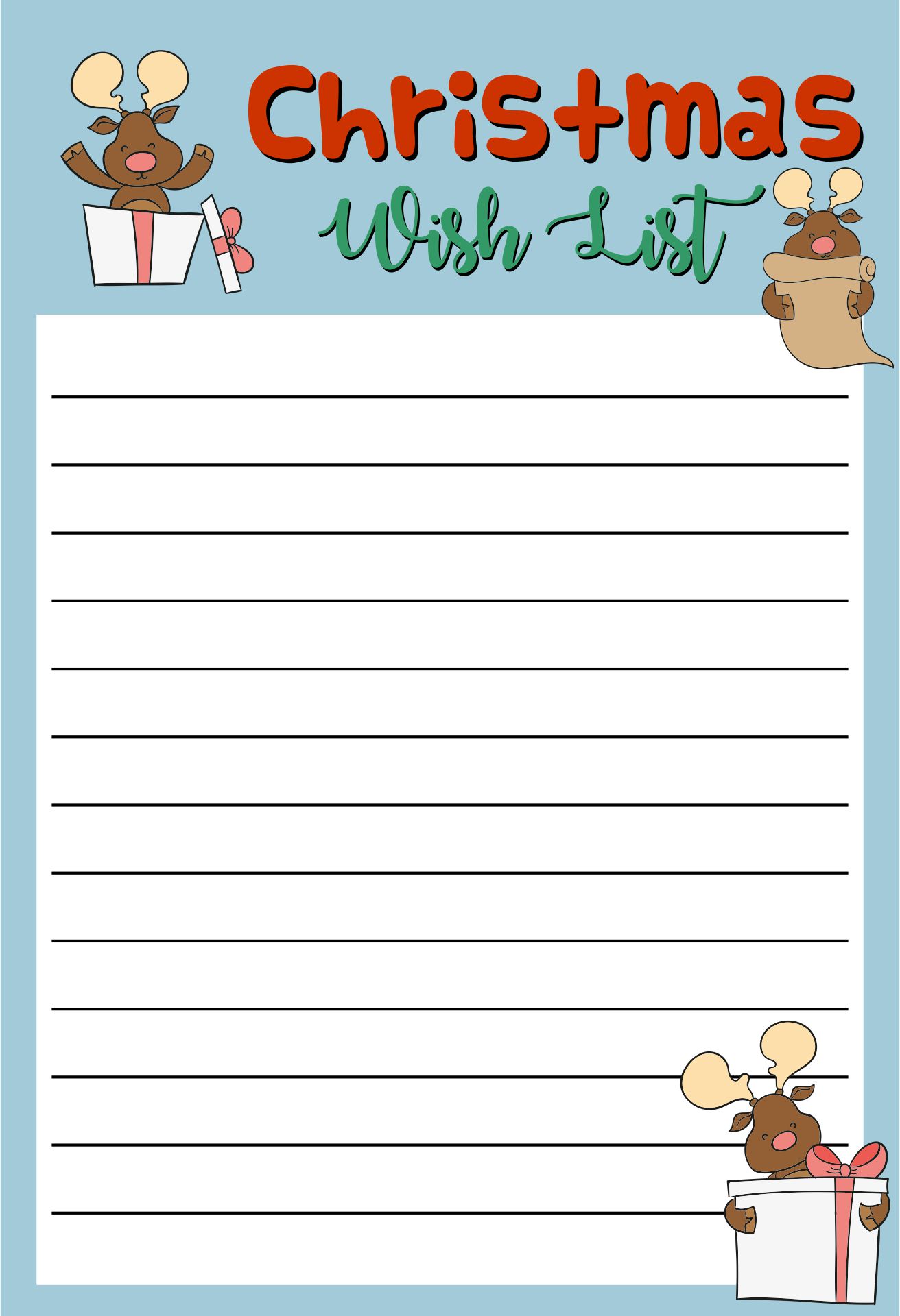 Printable Cute Christmas Greeting Card Wish List Reindeer