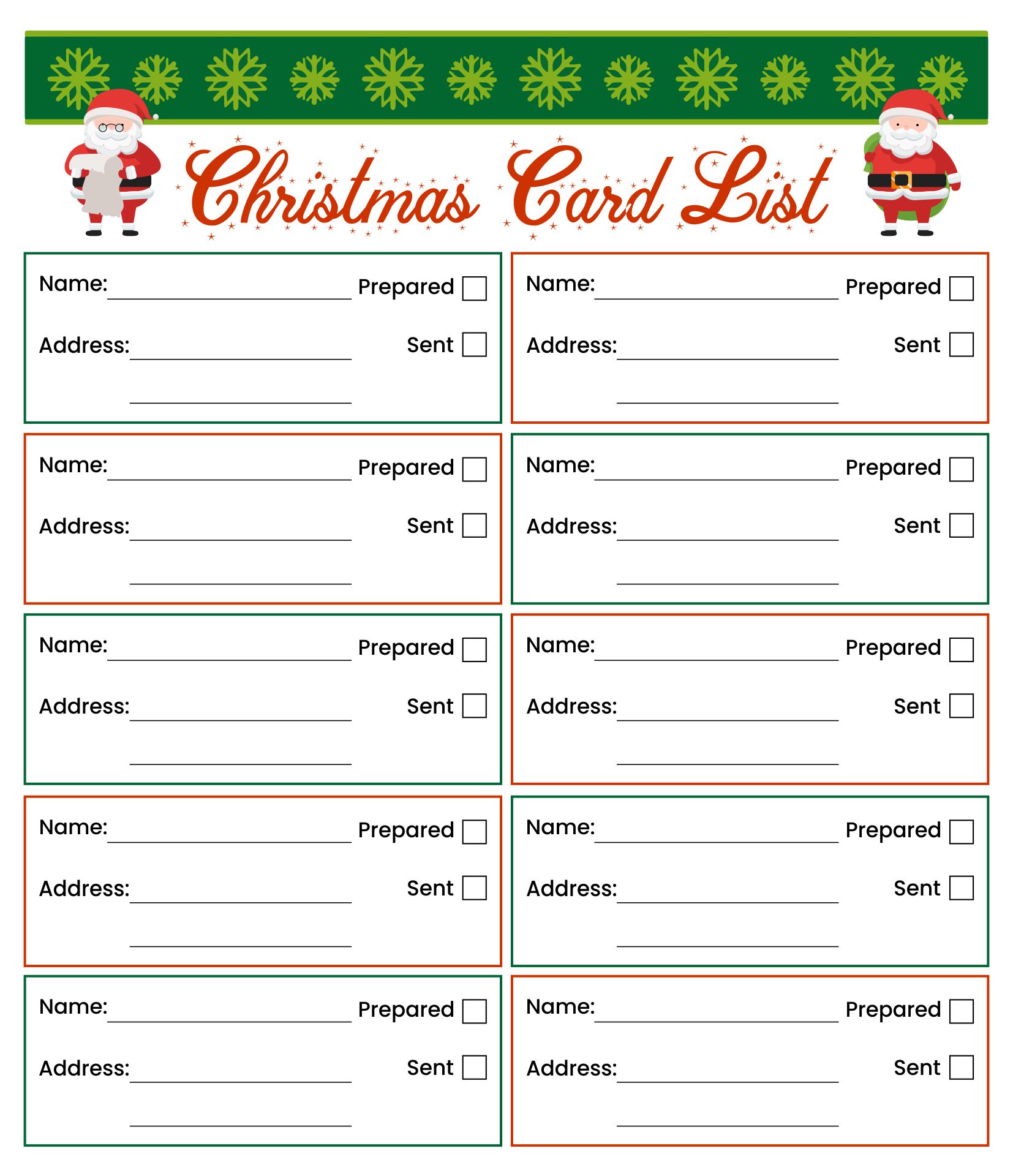 Printable Digital Christmas Card List