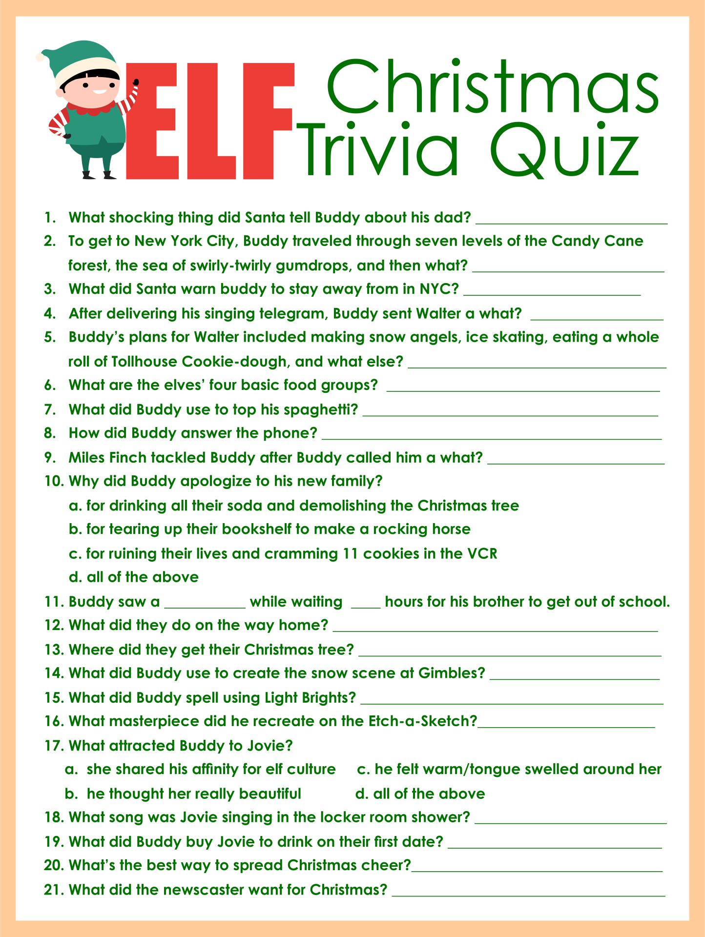 Printable Elf Trivia Christmas Quiz