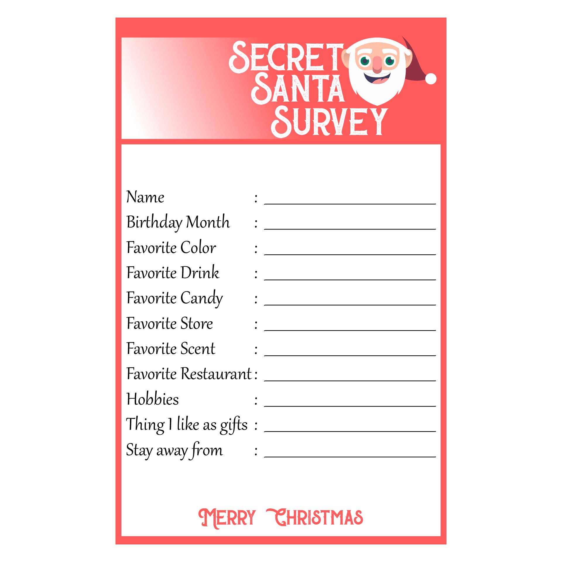 Printable Secret Santa Questionnaire Templates