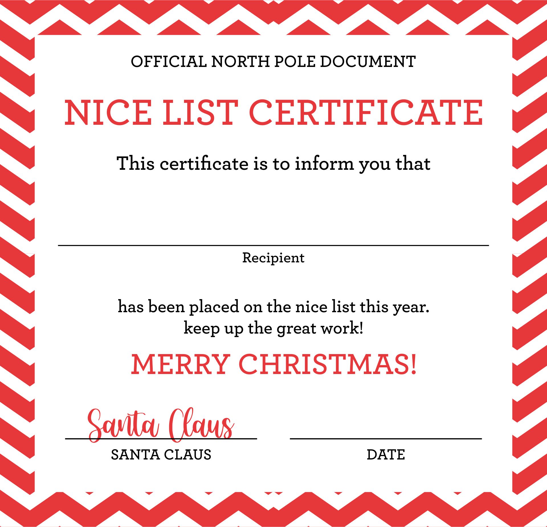 Santa Nice List Certificate Download Printable