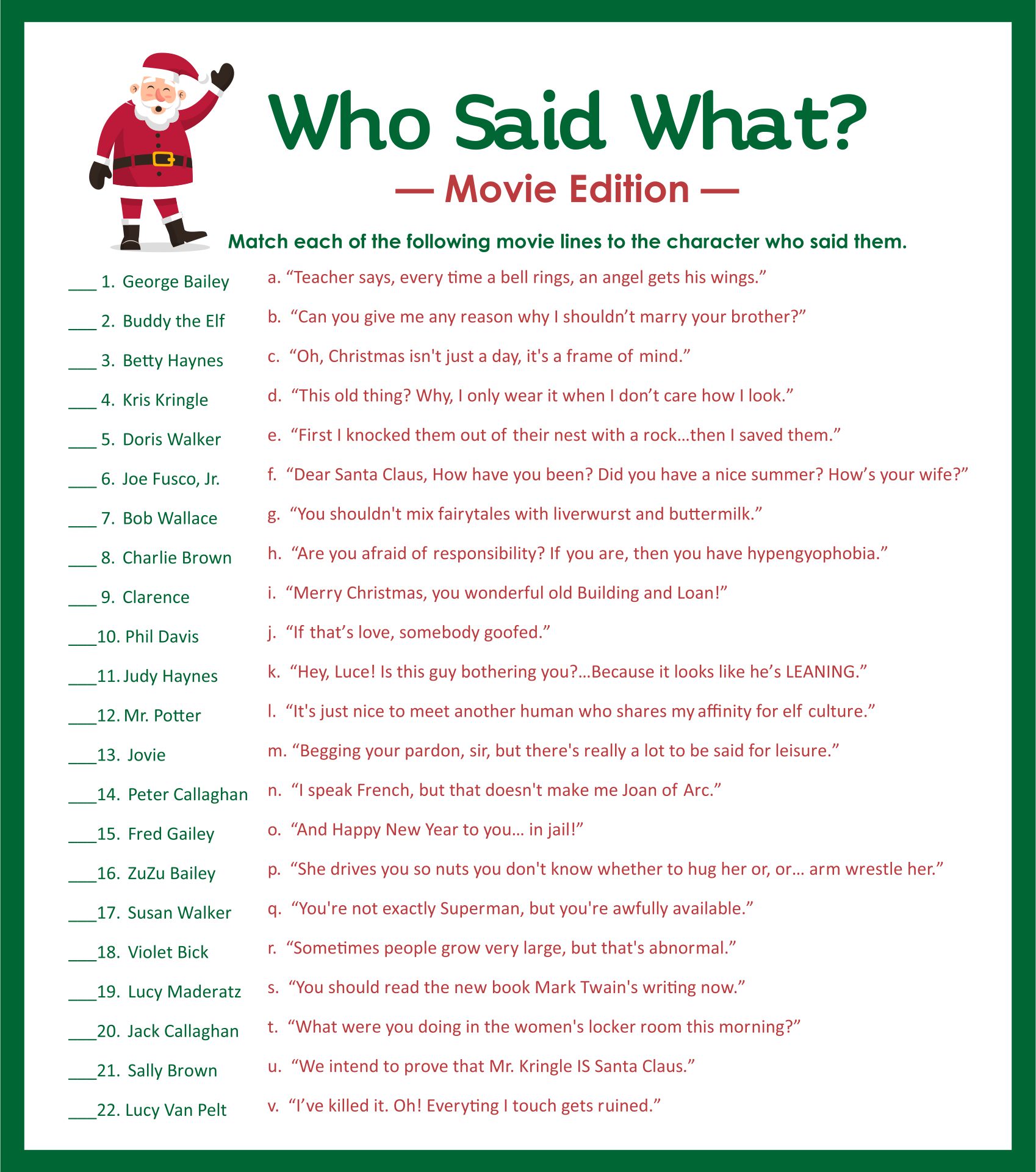 Who Said What Christmas Quiz Printable