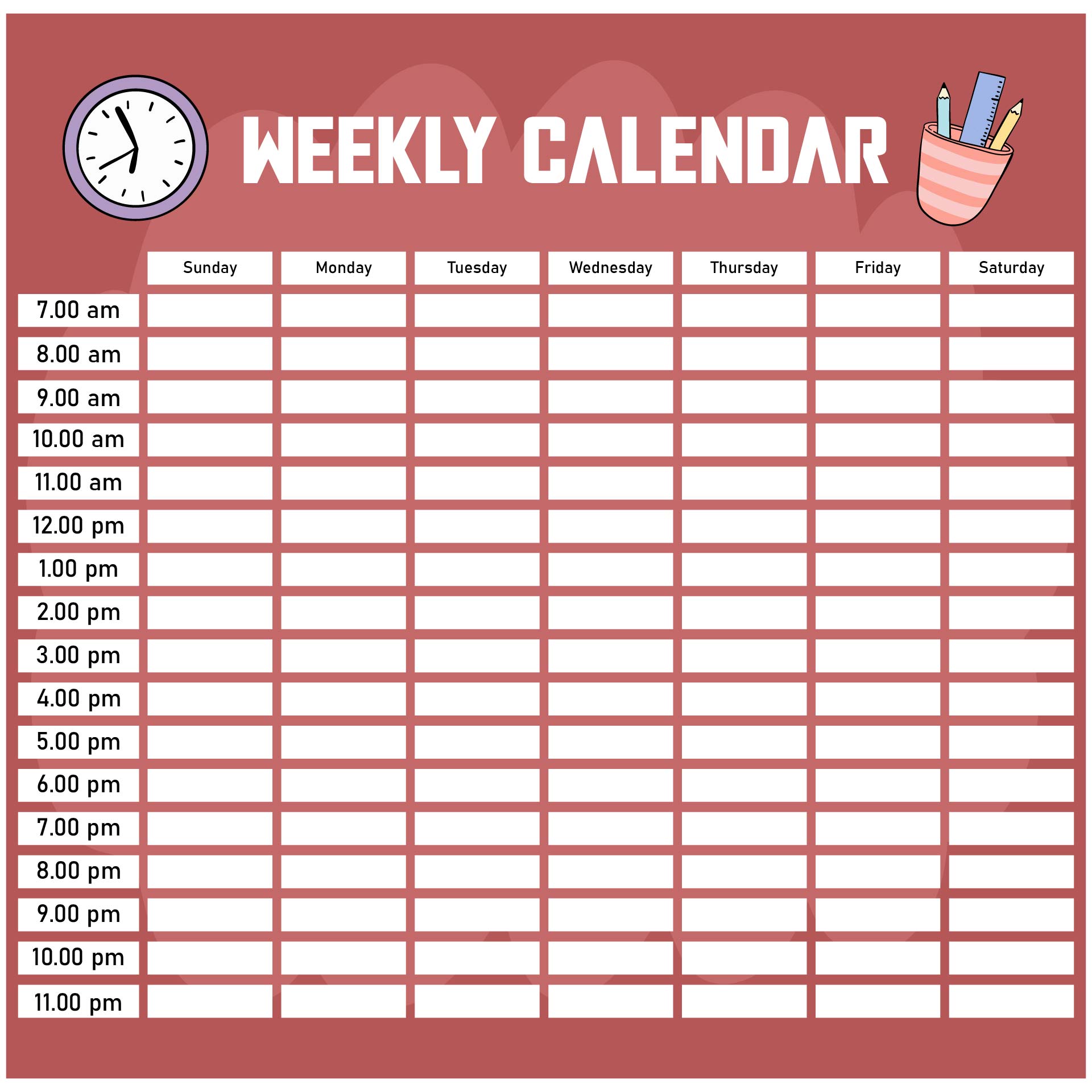 Blank Weekly Calendar With Time Slots Printable