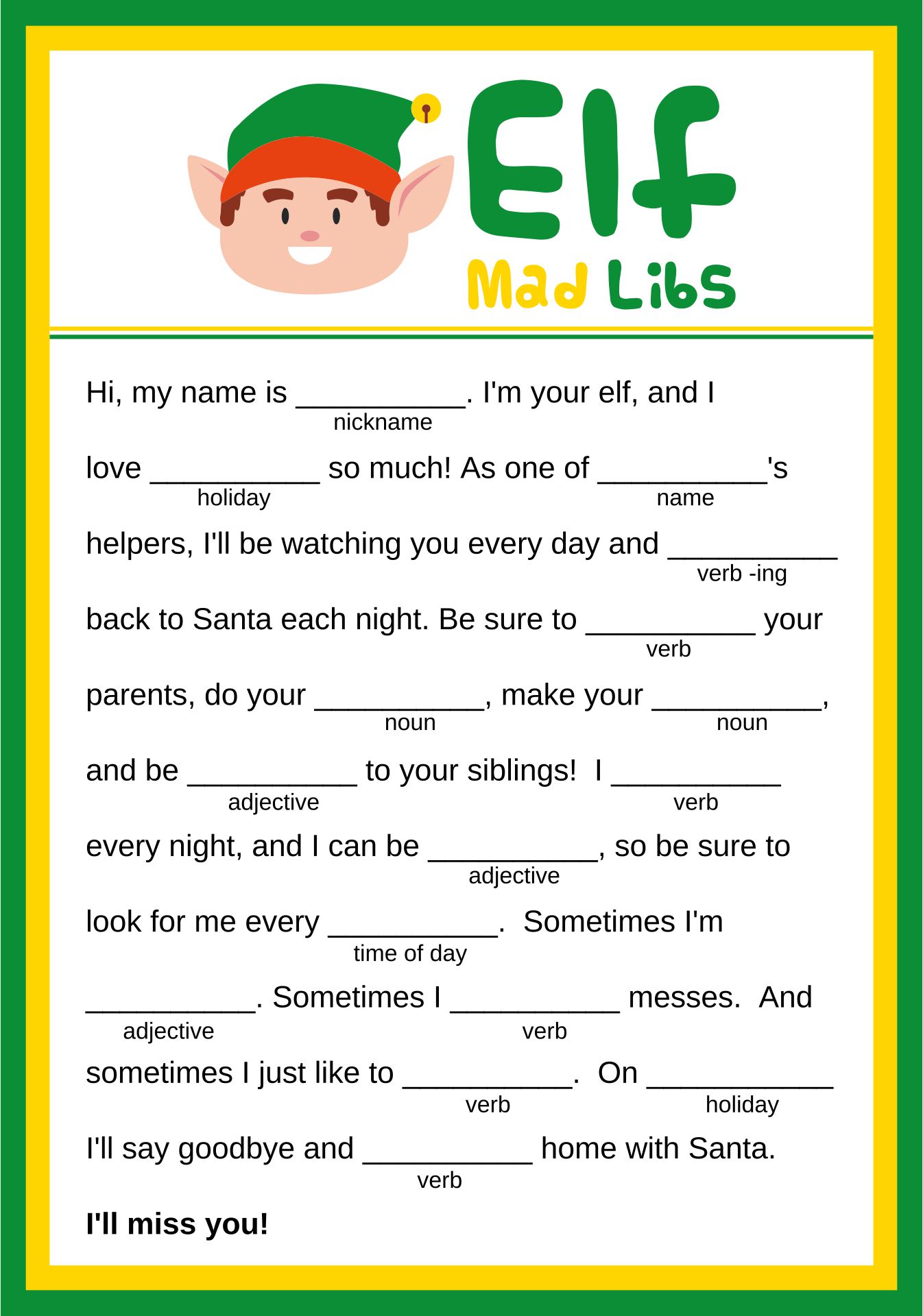 Buddy The Elf Mad Libs Christmas Game Printable
