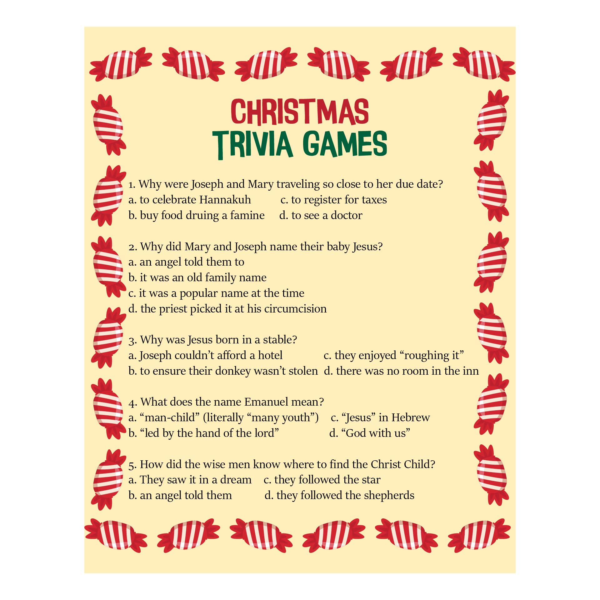 Christian Christmas Trivia Questions Printable