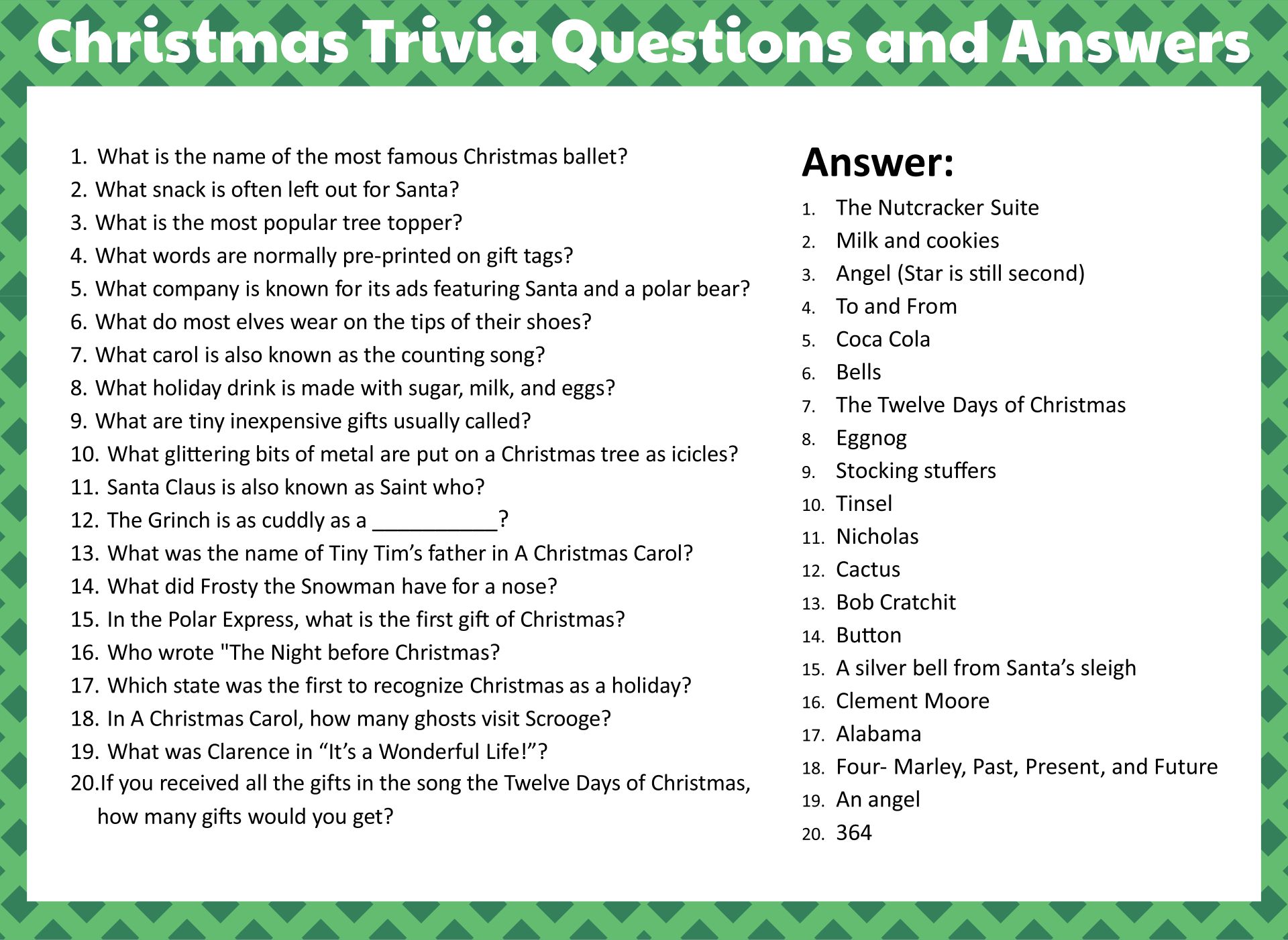 Easy Christmas Trivia Questions Answers Printable
